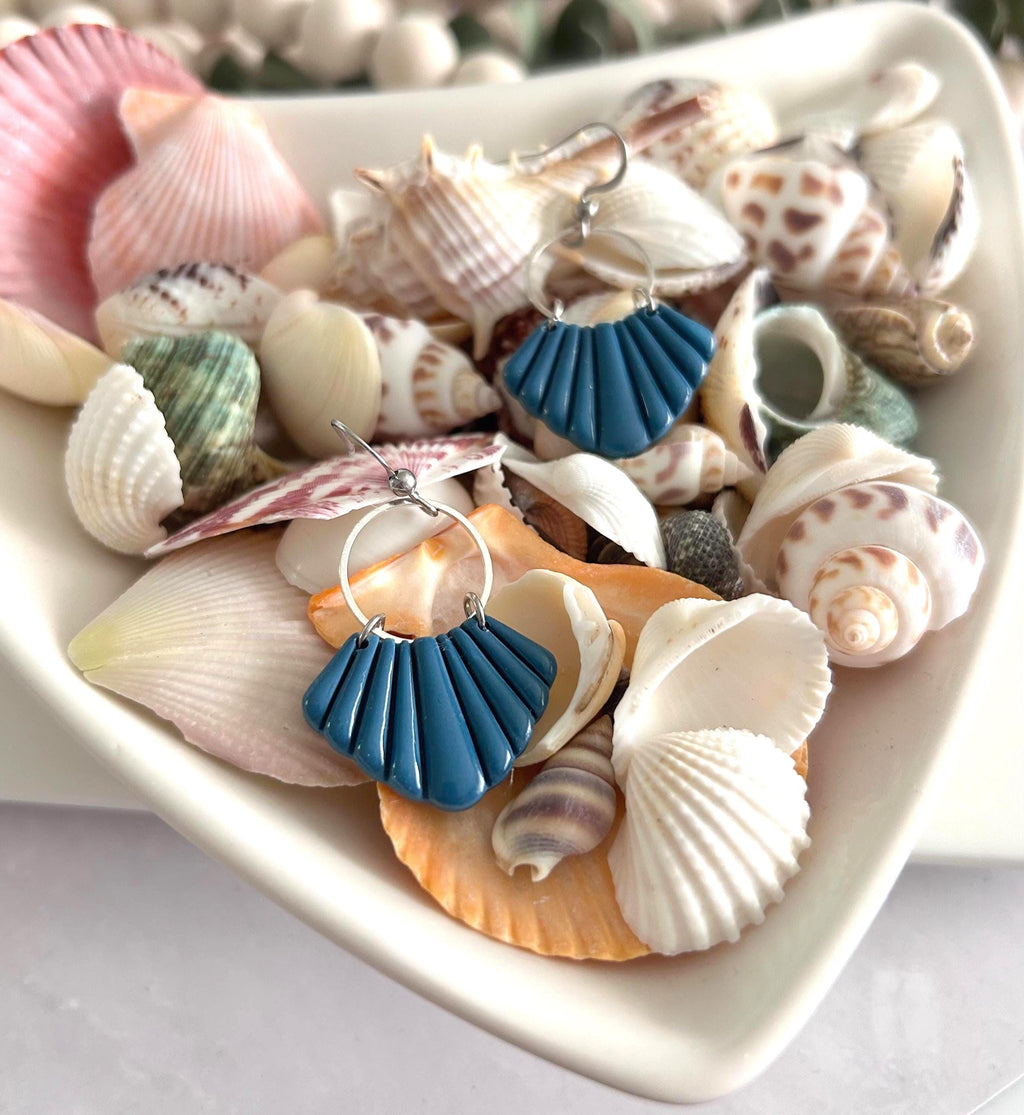 Teal Blue and Silver Dangle Earrings, Handmade Clay Hoop Dangles, Coastal Vacation Jewelry Gift