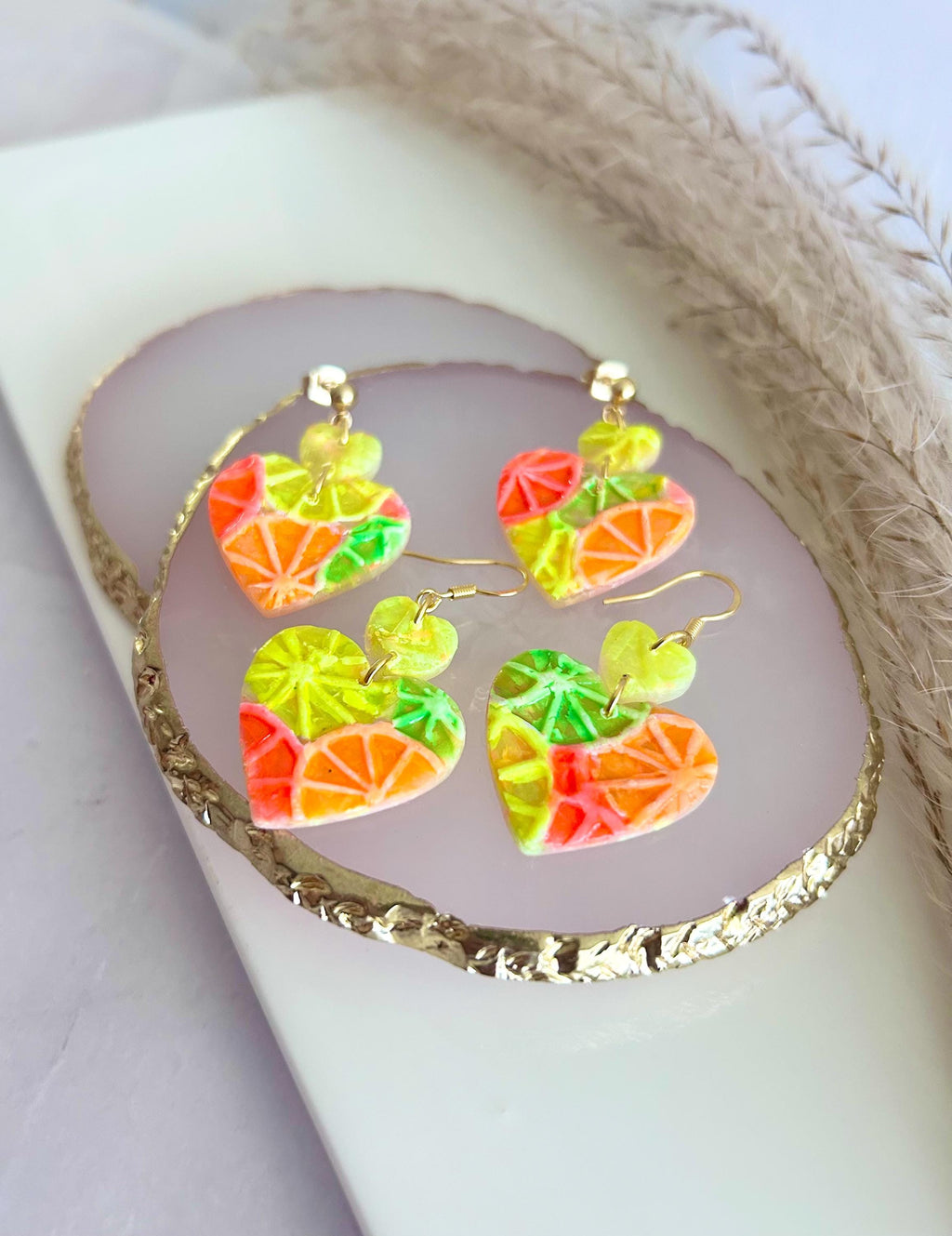 Neon Orange Heart Earrings, Grapefruit, Lemon, Lime, Unique Handcrafted Dangles, 90s Statement Clay Jewelry