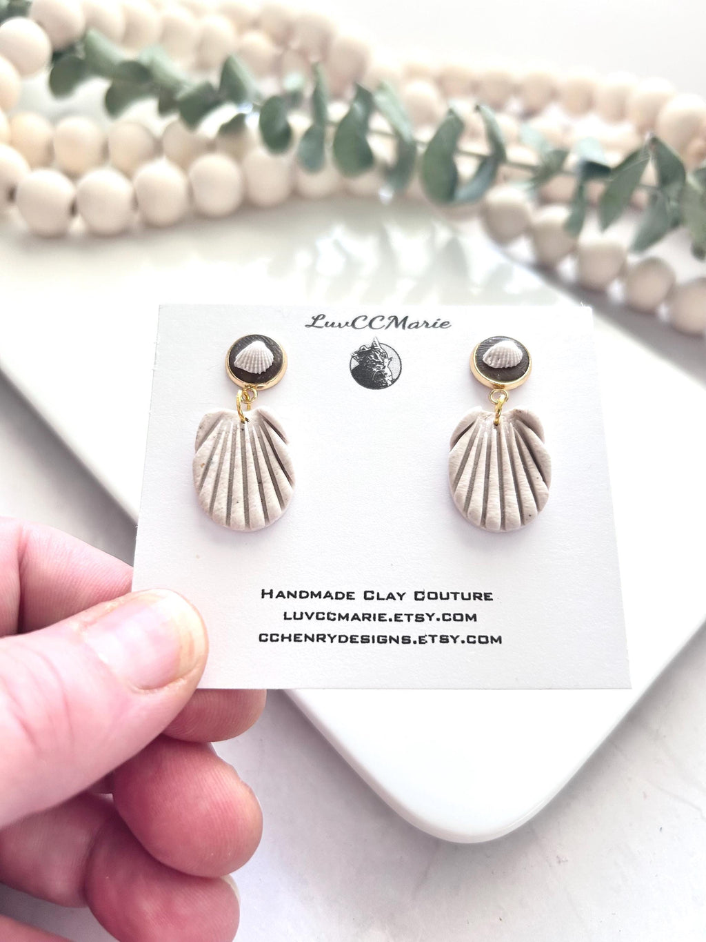 Seashell Earrings, White Clay Beach Wedding Stud Dangles, Boho Jewelry Gift for Bride