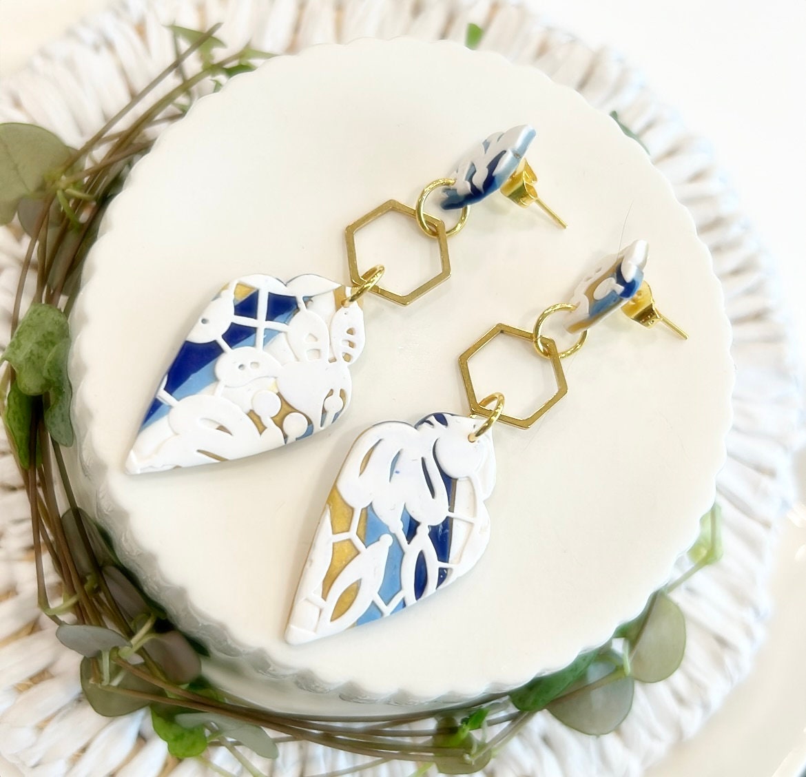 White Lace Clay Earrings, Navy Blue & Gold Dangles, Handmade Wedding Gift for the Bride