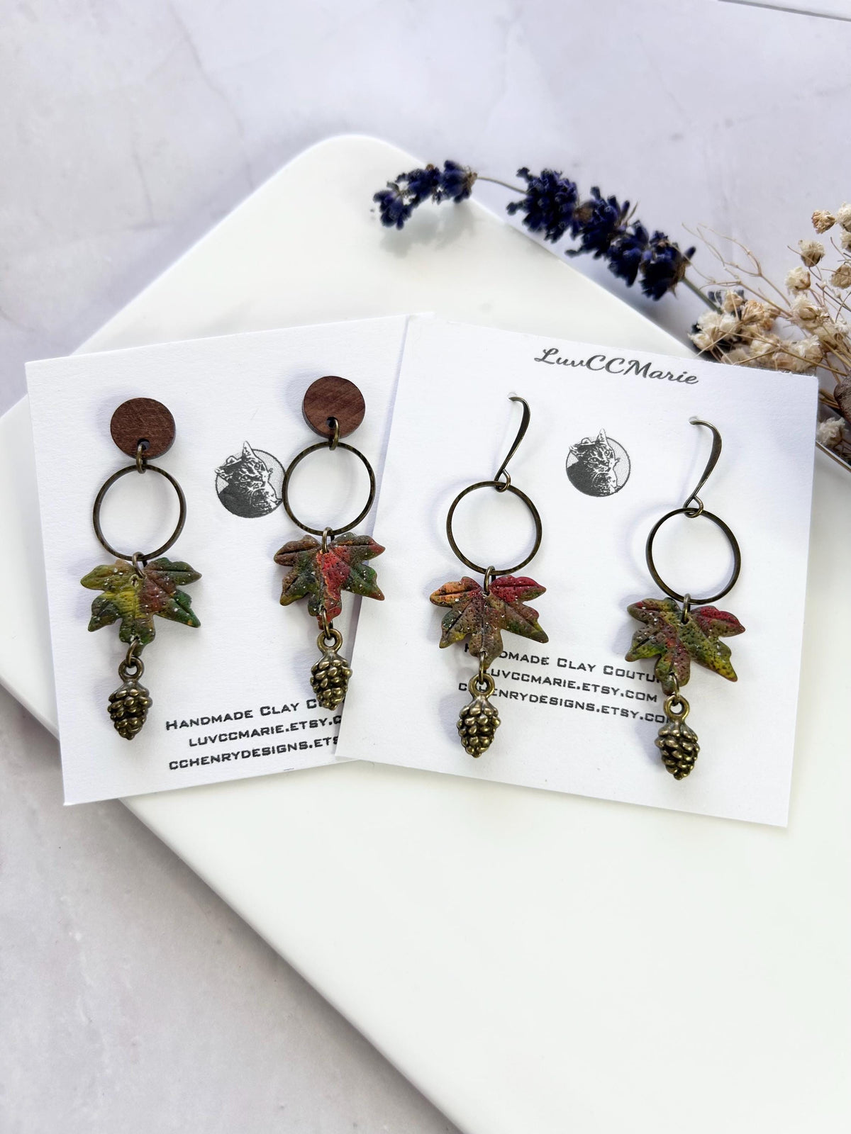 Maple Leaf Clay Earrings, Bronze and Wood Pine Cone Dangles, Handmade Multicolor Fall Jewelry