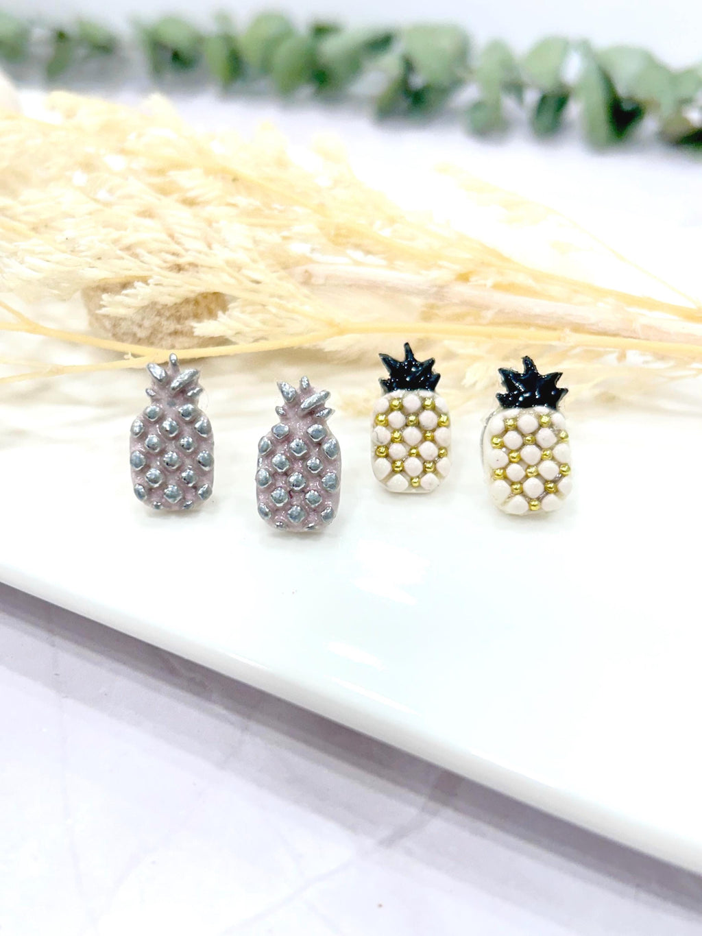 Pineapple Studs, Black and White Post Earrings, Handmade Clay Modern Jewelry