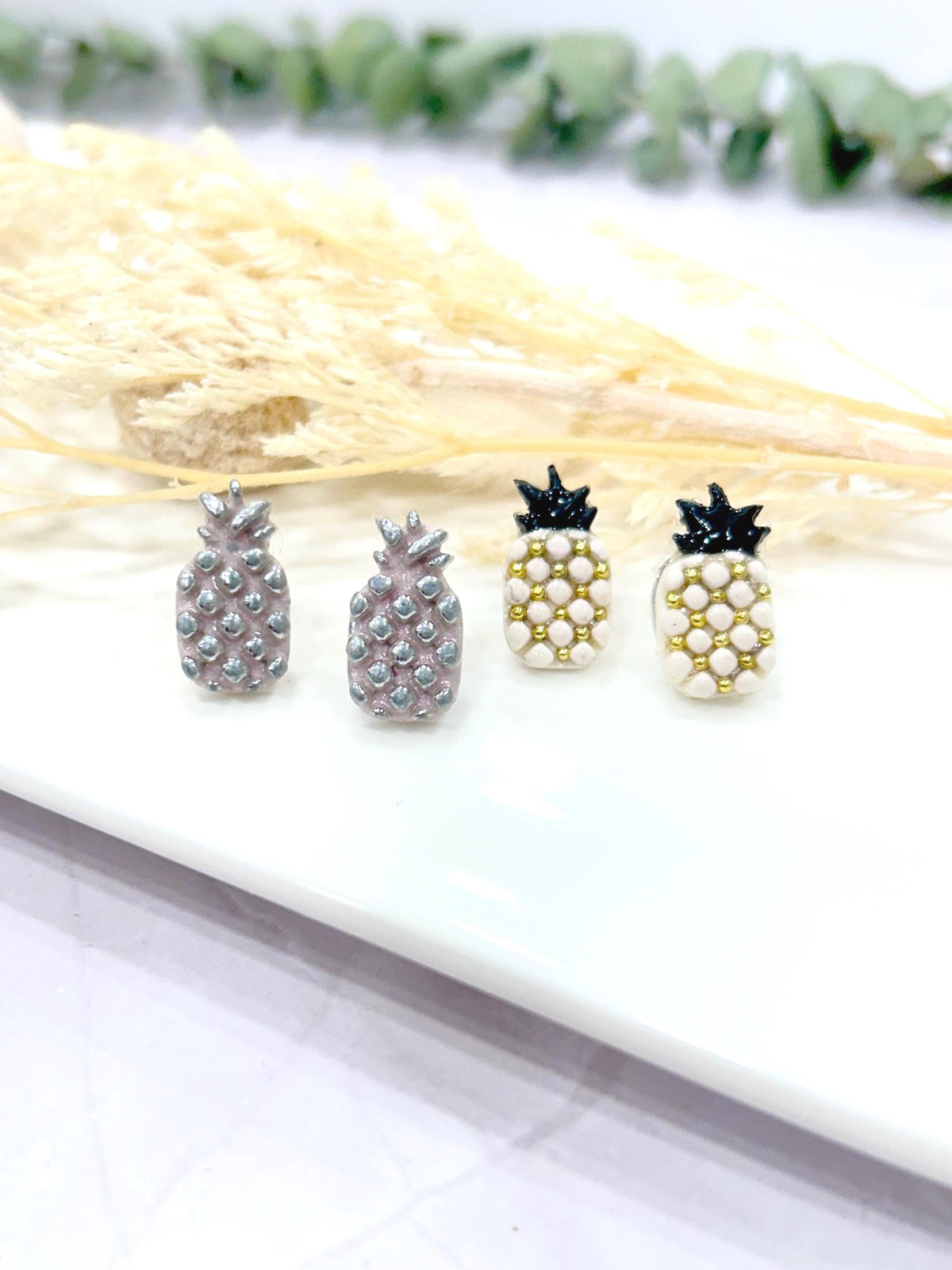 Pineapple Studs, Black and White Post Earrings, Handmade Clay Modern Jewelry