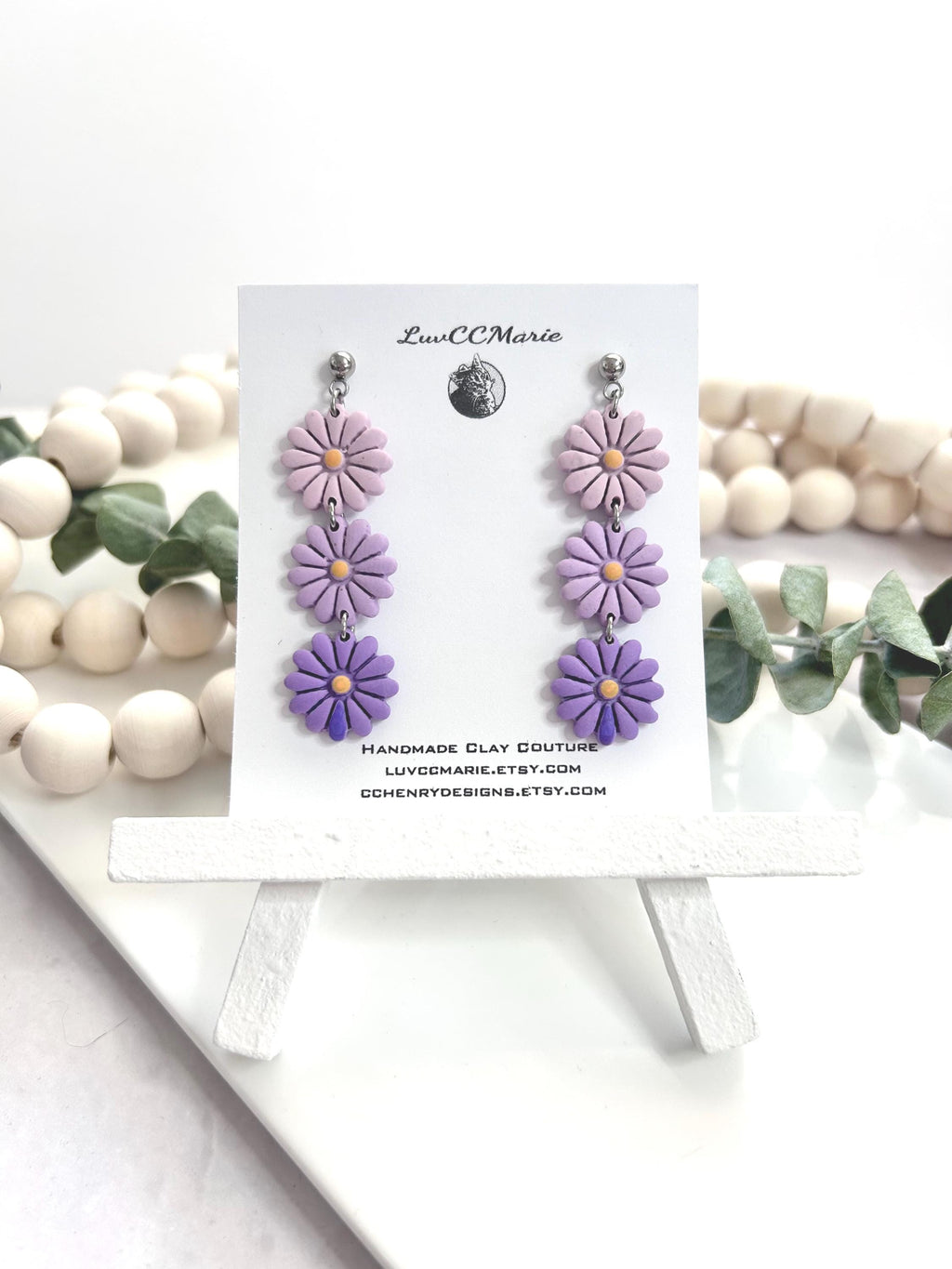 Handmade Purple Daisy Dangle Earrings: Kawaii Clay Floral Boho Jewelry