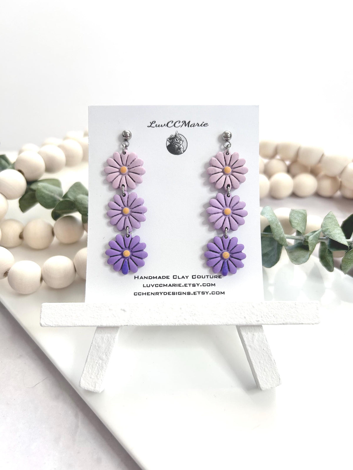 Handmade Purple Daisy Dangle Earrings: Kawaii Clay Floral Boho Jewelry