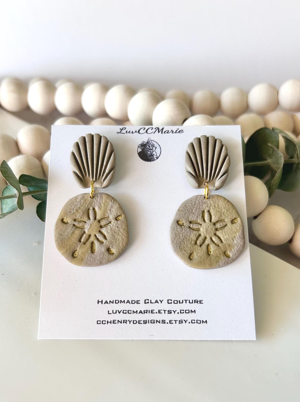 Khaki Gold Sand Dollar Clay Earrings, Coastal Beach Vacation Dangles, Unique Handmade Gift