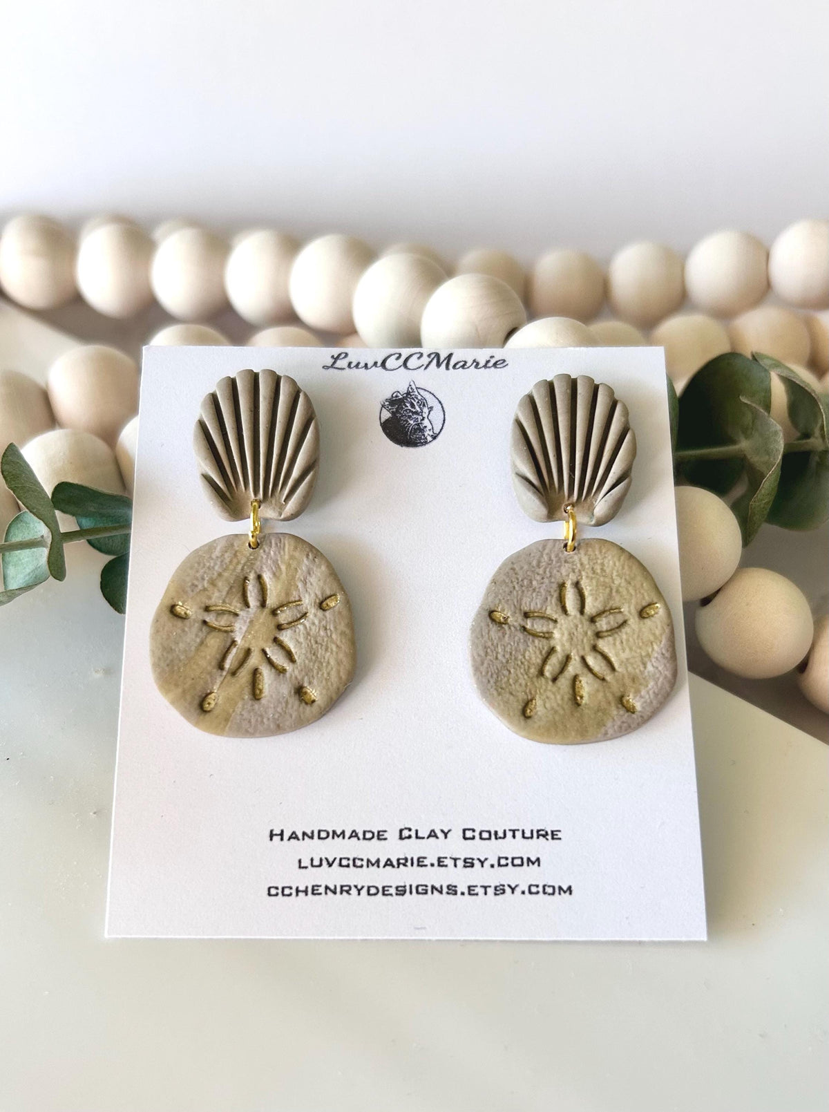 Khaki Gold Sand Dollar Clay Earrings, Coastal Beach Vacation Dangles, Unique Handmade Gift