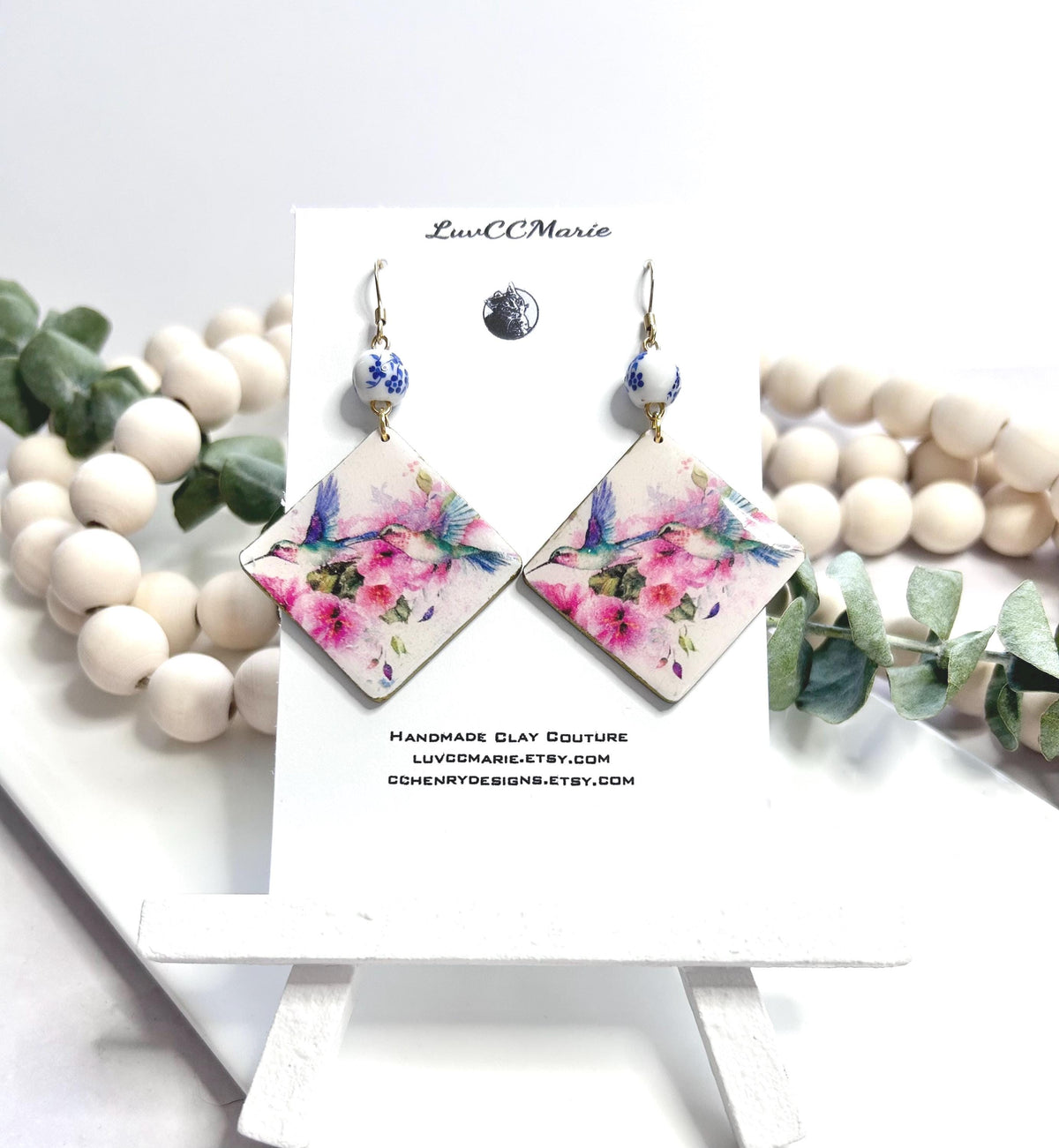 Hummingbird Bead Dangles Earrings, White, Pink and Light Blue Handmade Clay Jewelry Gift