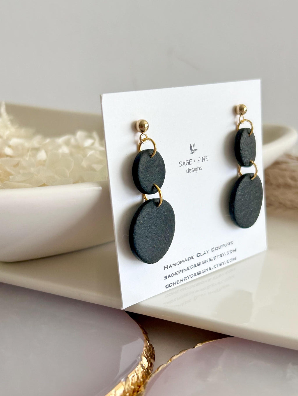 Matte Black Dangle Earrings, Clay Drops, Handmade Fashion Minimalist Jewelry