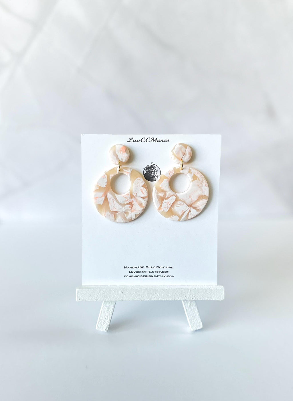 Handmade Clay Hoop Dangles, Peach and White Hoop Dangle Earrings, Minimalist Jewelry Gift