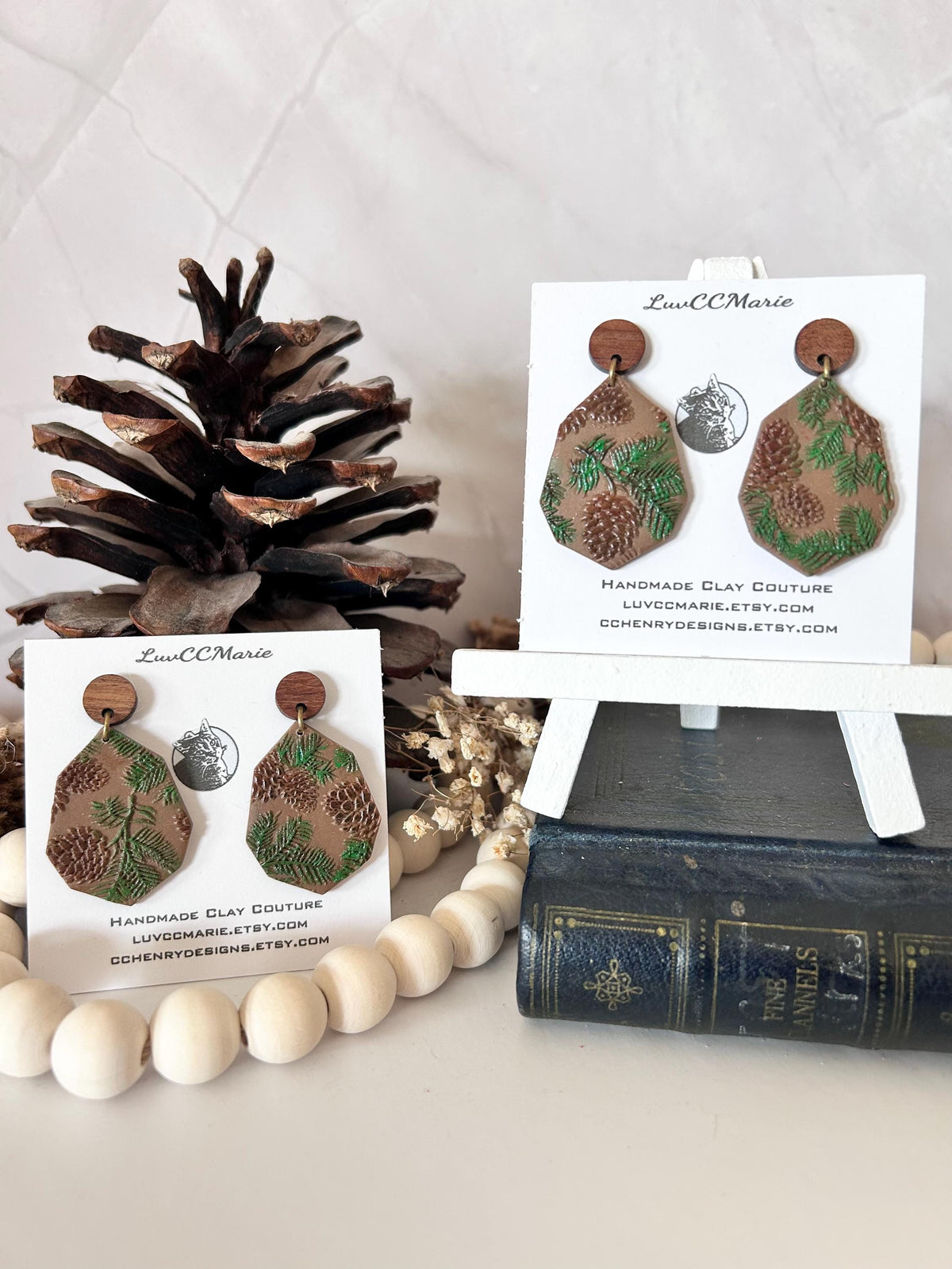 Handmade Pine Bough Clay Earrings: Boho Evergreen Jewelry