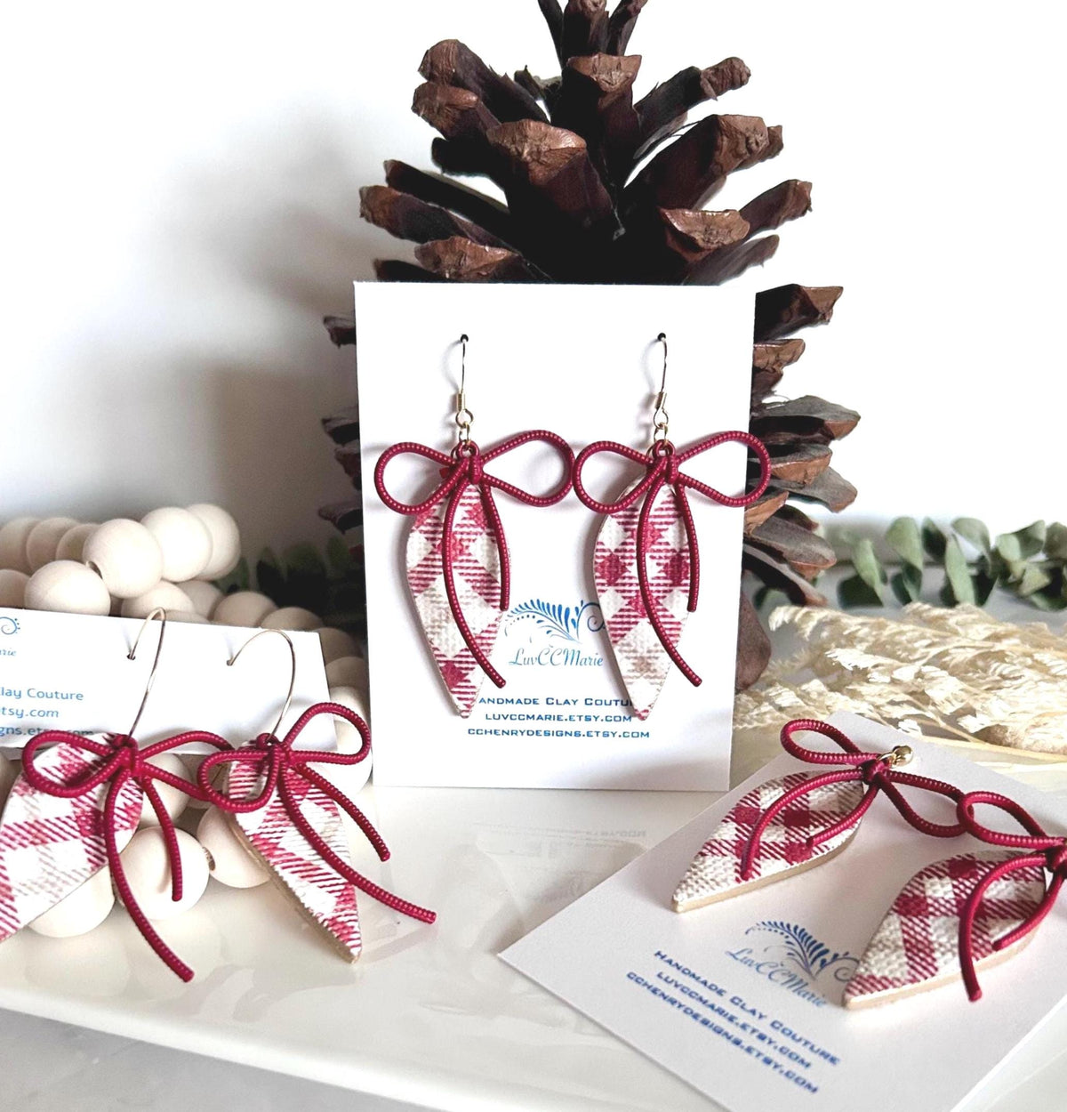 Dark Burgundy Red Earrings, Gingham Plaid Bow Dangles, Boho Handmade Clay Jewelry