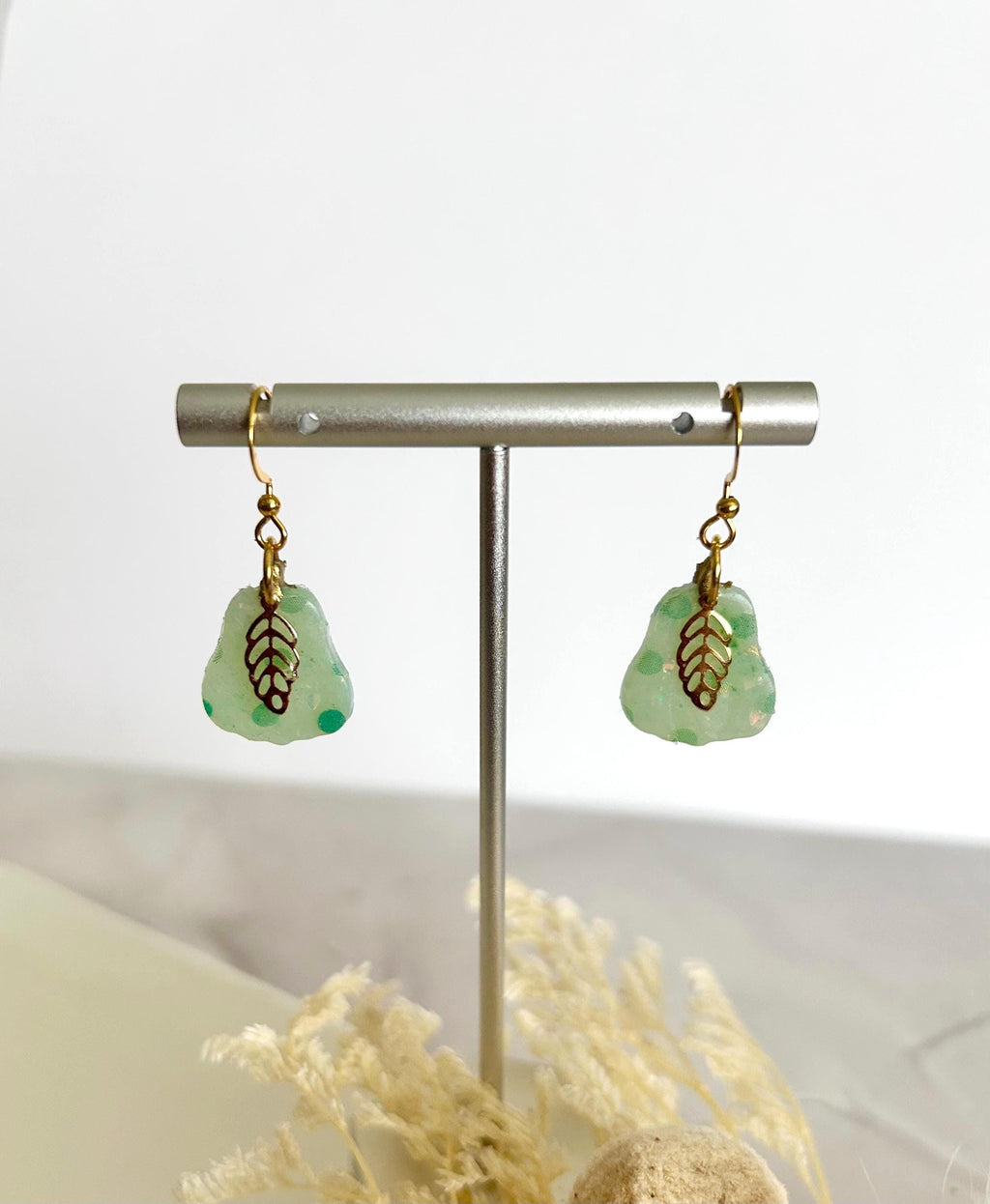 Mint Green Polka Dot Pear Clay Earrings, Pastel Opal Dangles, Handmade Fashion Boho Jewelry
