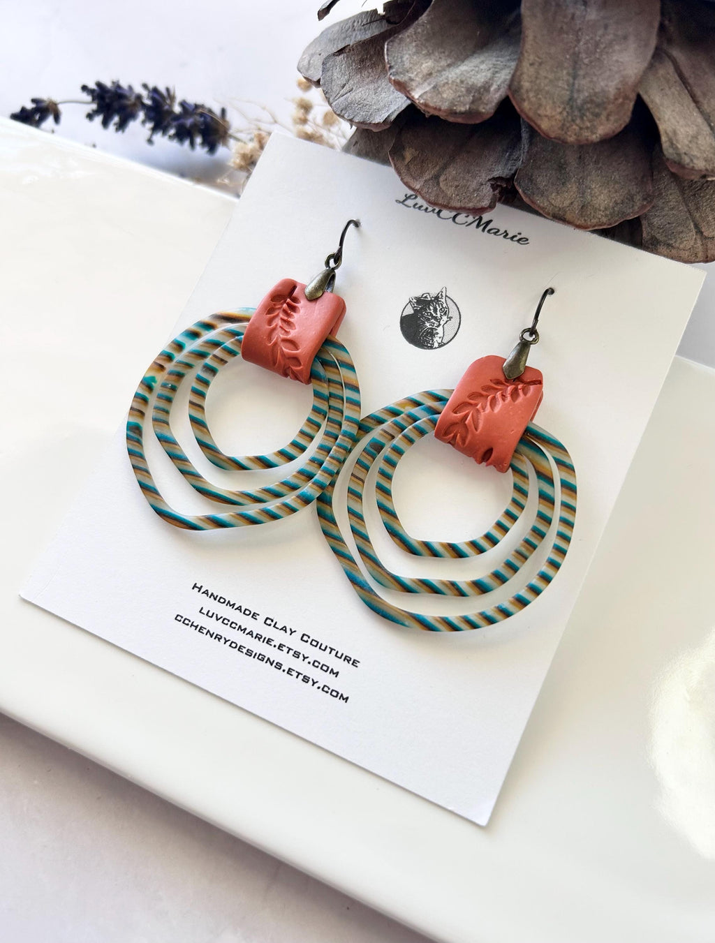 Striped Clay Hoop Dangles, Boho Statement Clay Earrings