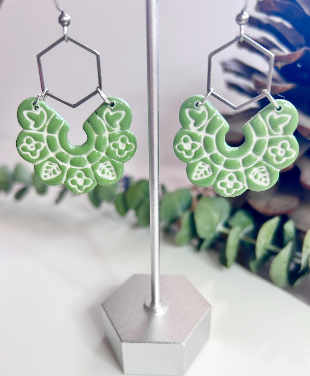 Green Large Earrings with Leaves, Handmade Hoop Long Hanging Modern Drops, Fall Leaf Jewelry