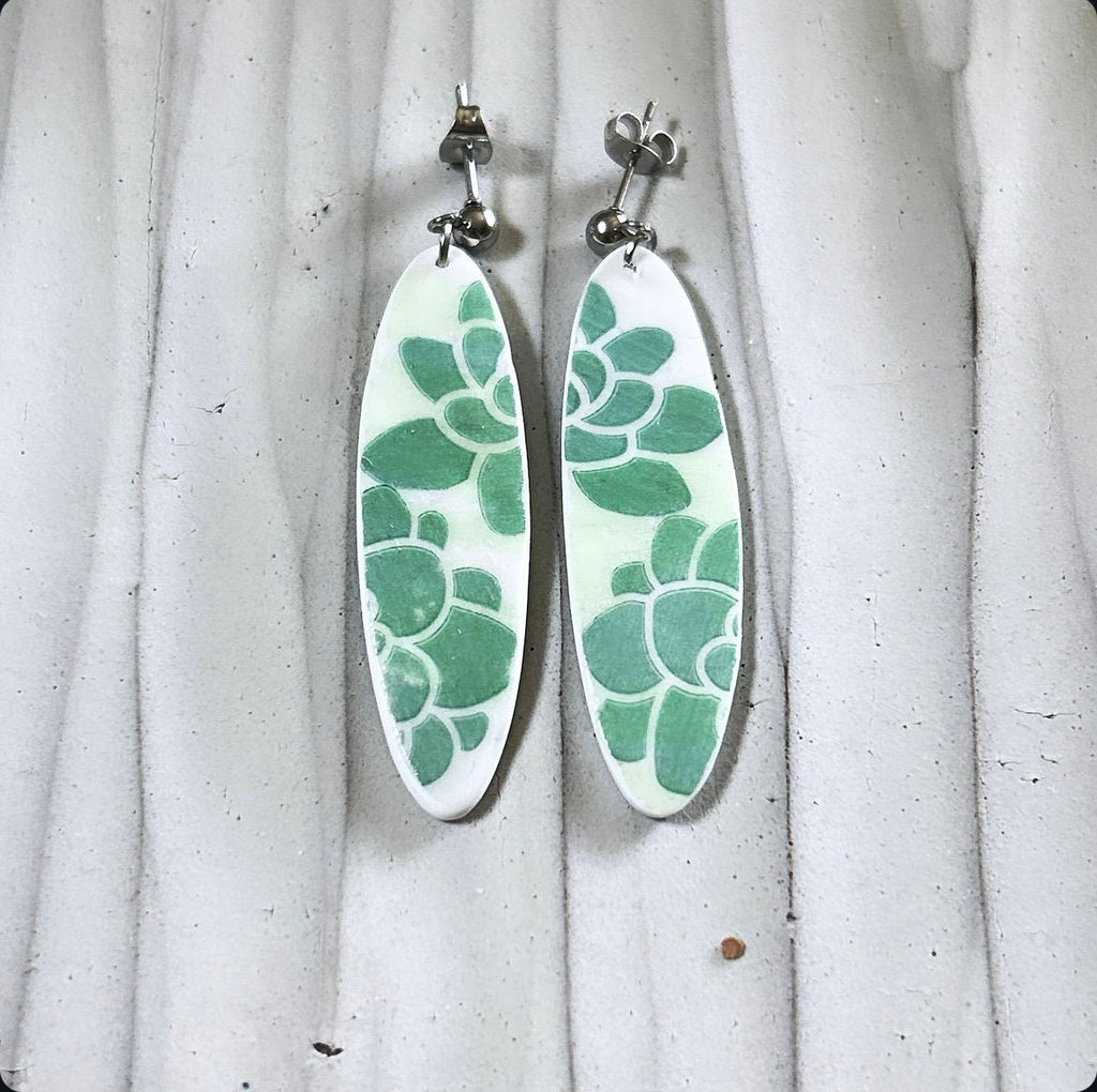 Mint Green Surfboard Earrings, Succulent Plant Dangles, Handmade Clay Coastal Beach Vacation Jewelry