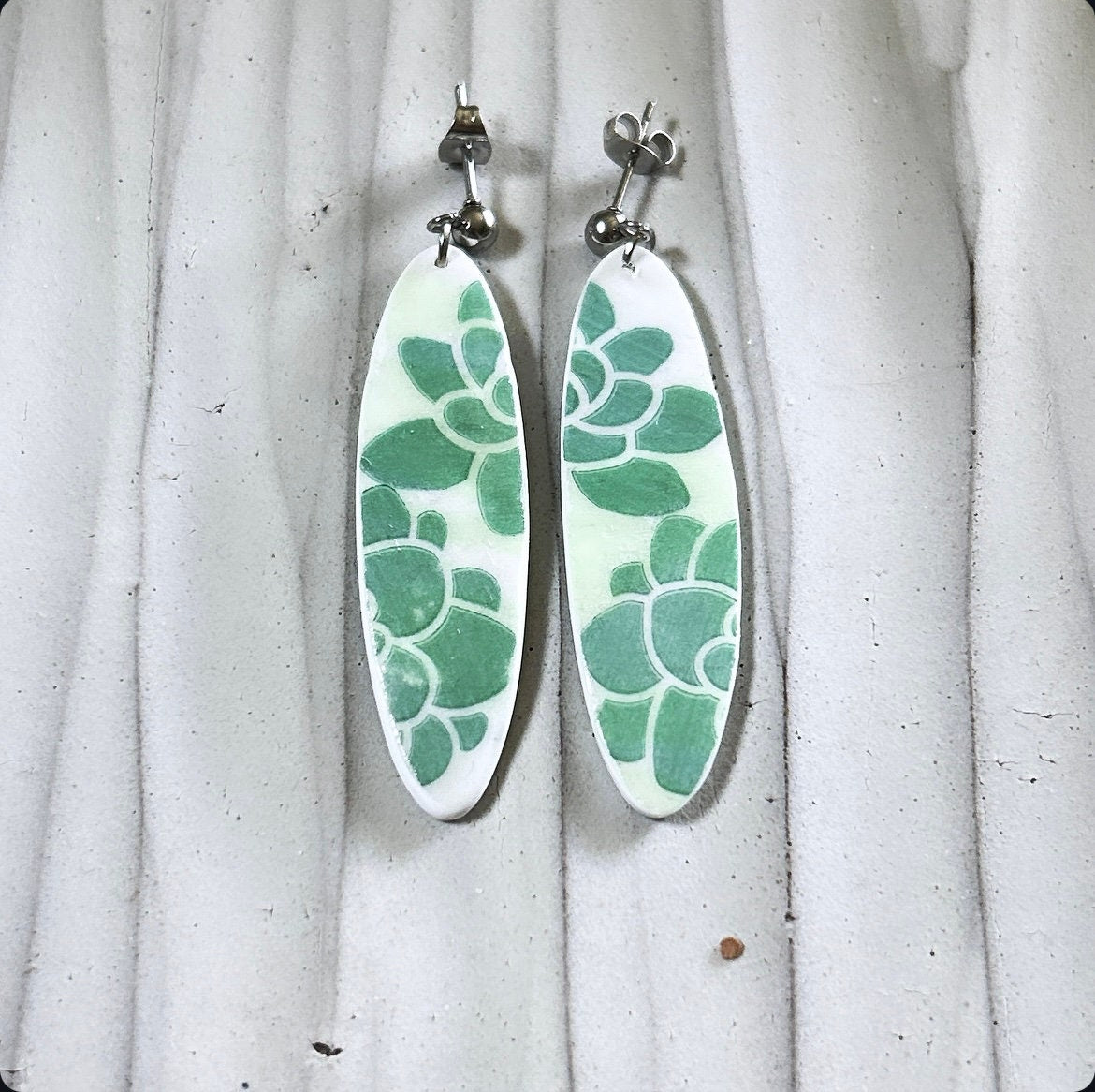 Mint Green Surfboard Earrings, Succulent Plant Dangles, Handmade Clay Coastal Beach Vacation Jewelry