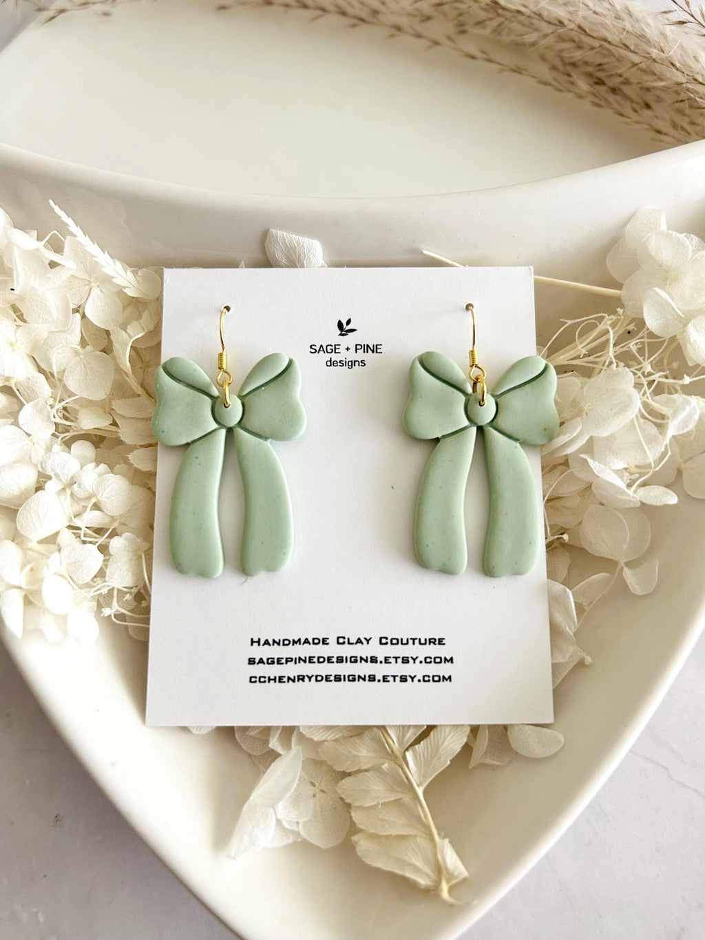 Sage Green Bow Earrings, Fall Statement Hoop Dangles, Boho Clay Handmade Jewelry