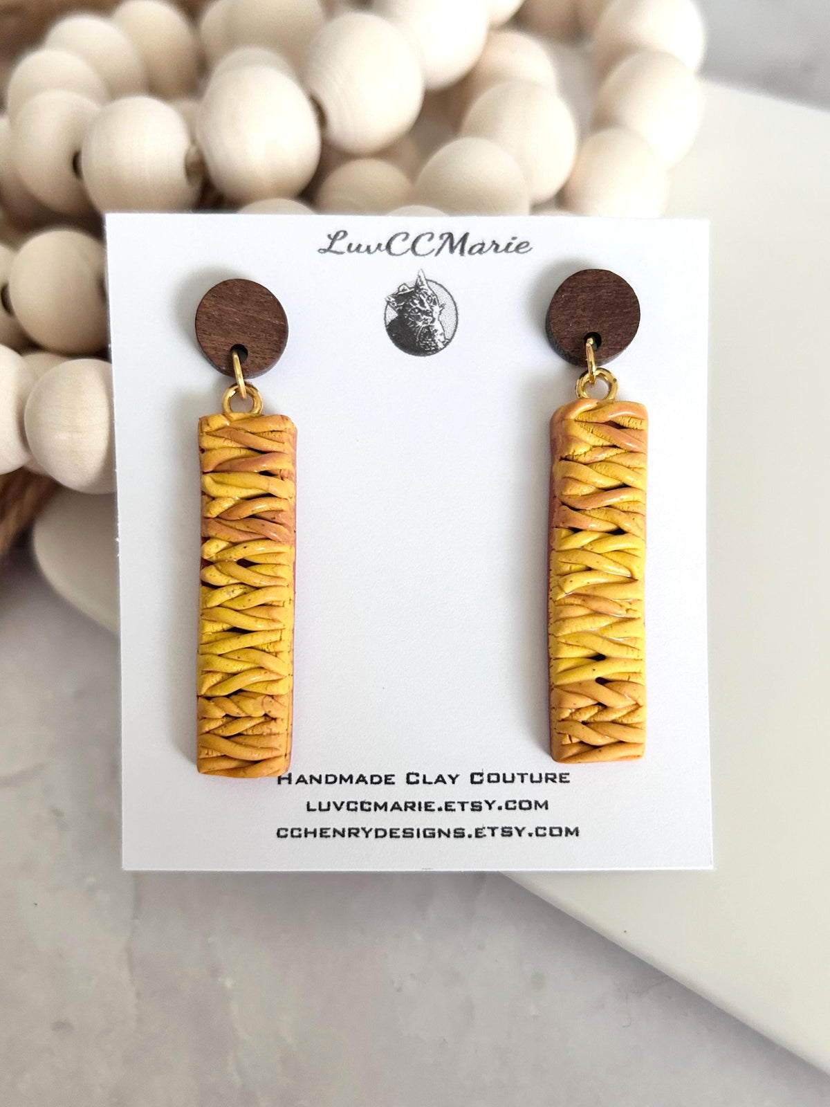 Mustard Knit Dangles, Yellow Clay Earrings, Wood Stud Drops, Lightweight Handmade Unique Fall Jewelry Gift