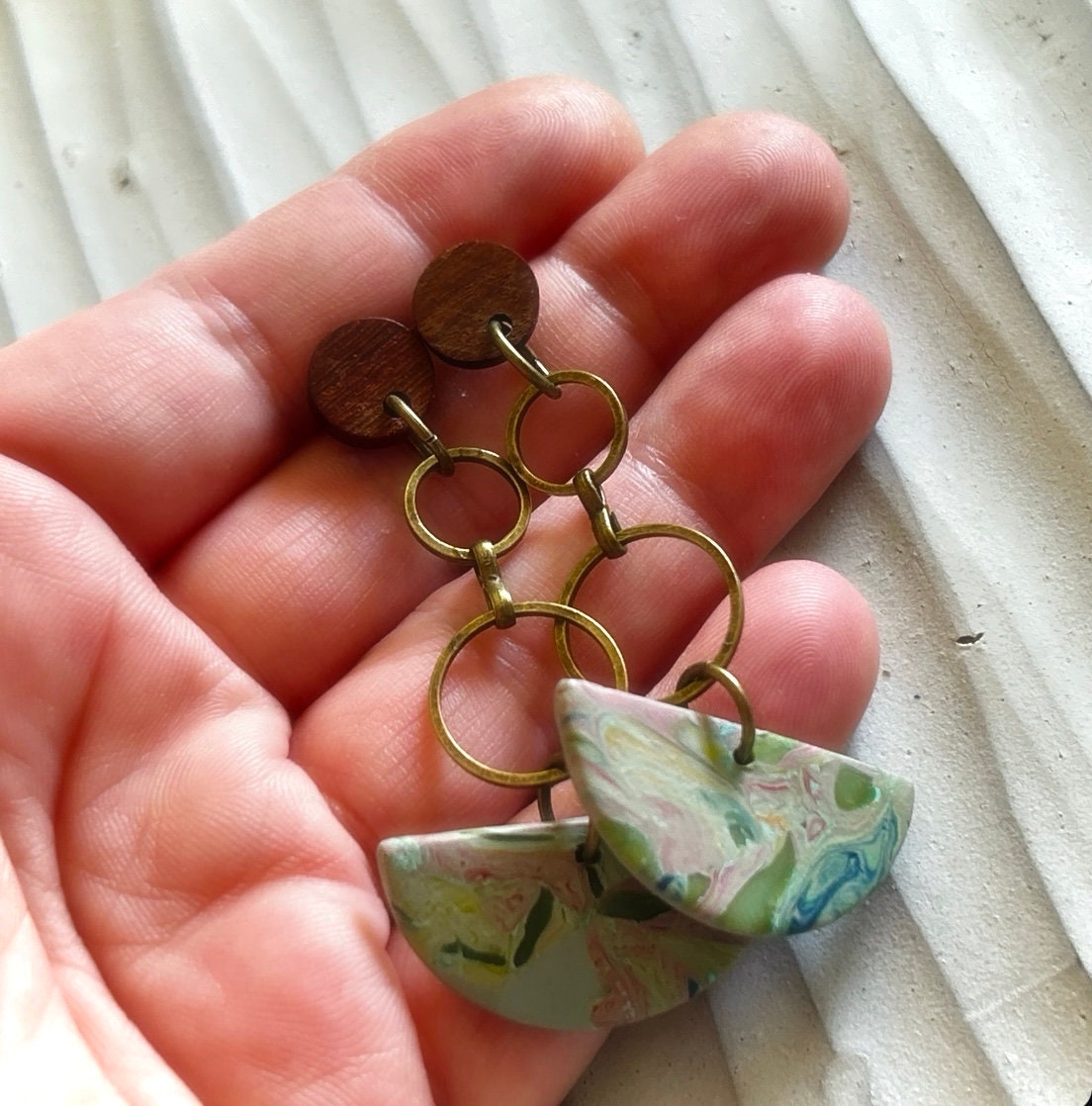 Pink and Olive Dangle Earrings, Extra Long Boho Dangles, Bronze, Clay & Wood