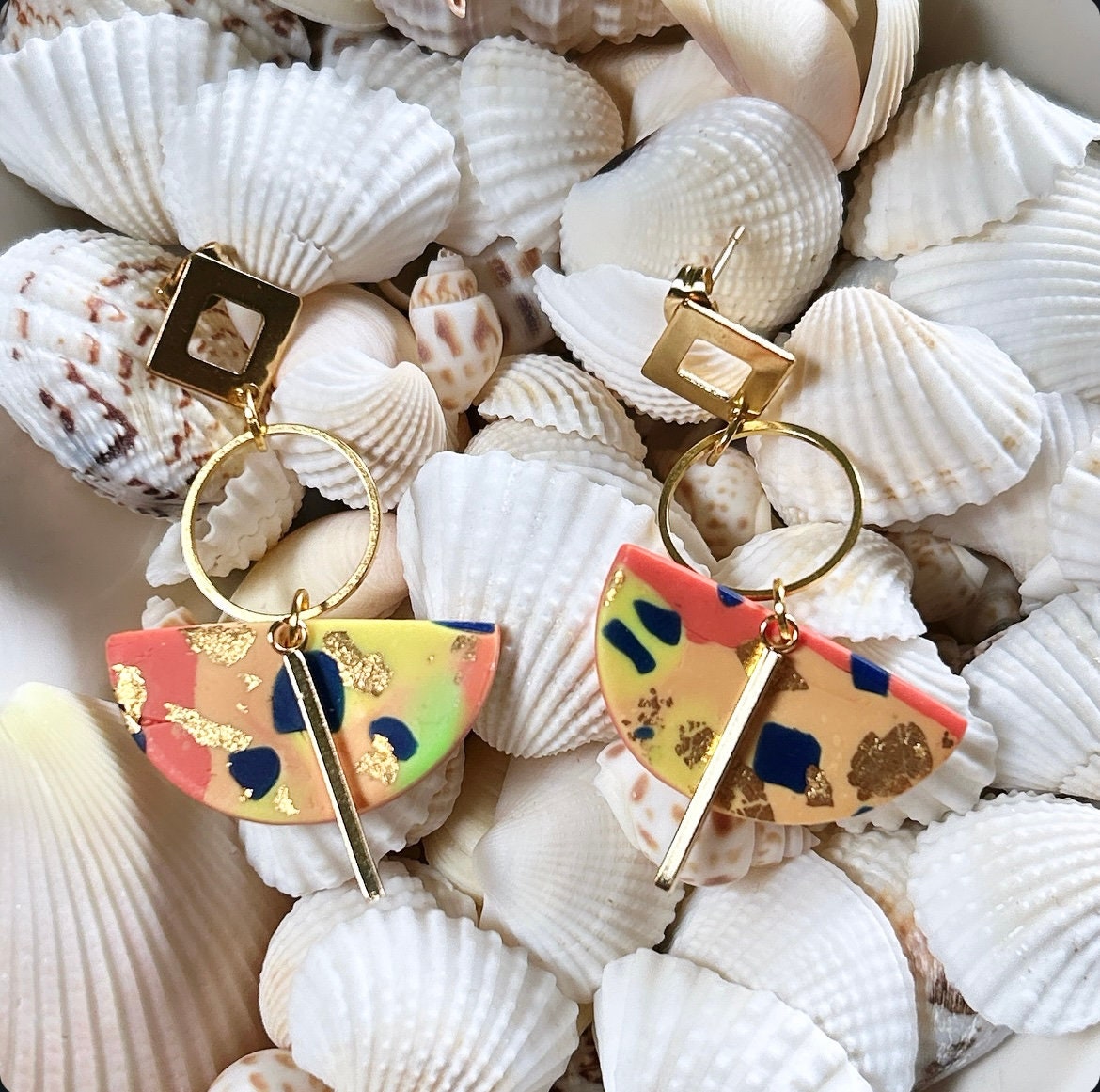 Neon Earrings, Geometric Dangles, Hoop Drop Polymer Clay Abstract Handmade Jewelry