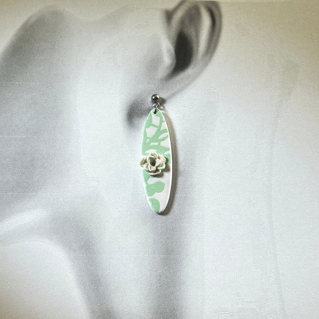 Mint Green Succulent Clay Earrings: Boho Surfboard Dangles