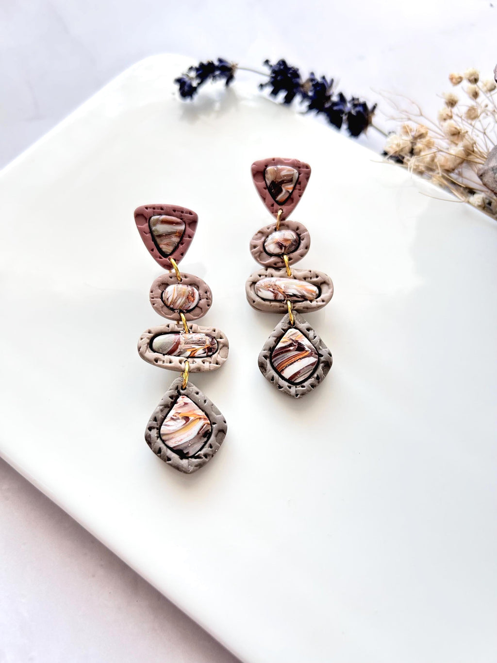 Neutral Stone Statement Dangles, Beige, Brown, Orange, White, Handmade Clay Post Earrings