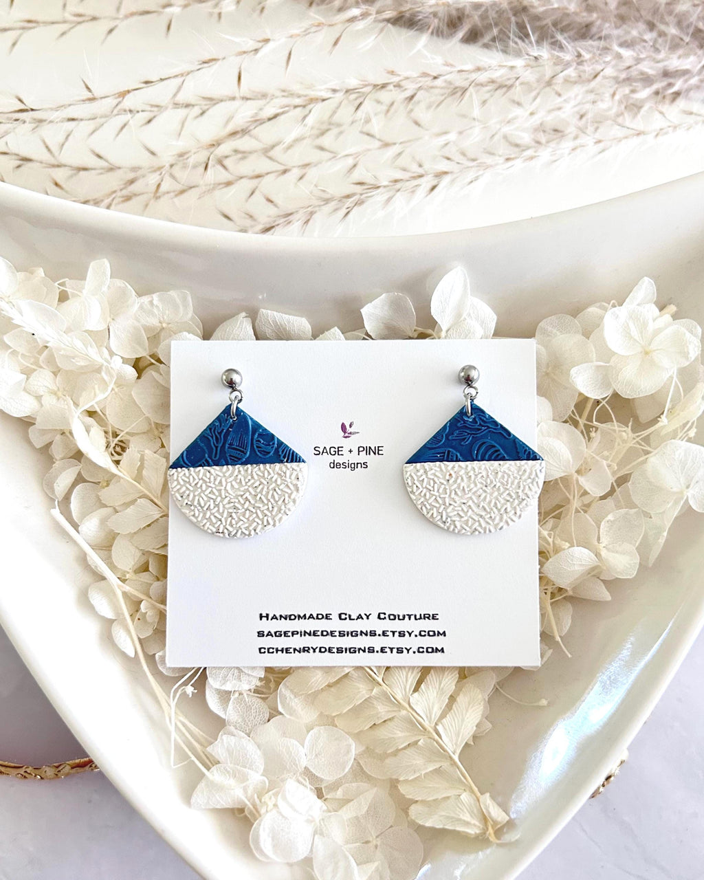 Creamy White and Teal Blue Abstract Fan Dangle Earrings, Handmade Clay Coastal Jewelry