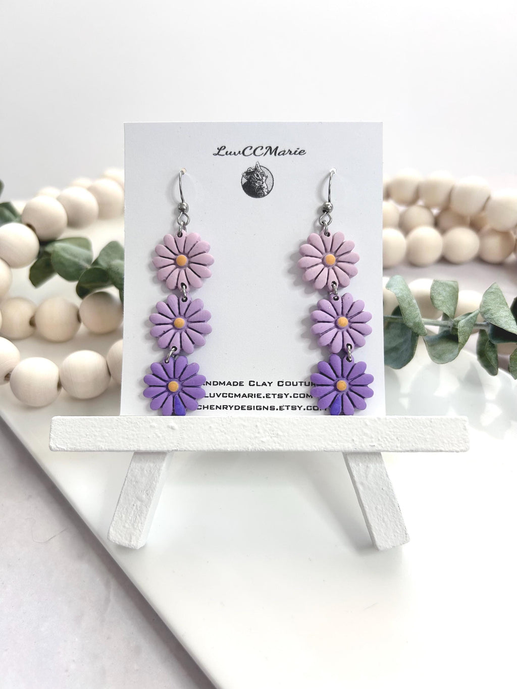 Handmade Purple Daisy Dangle Earrings: Kawaii Clay Floral Boho Jewelry