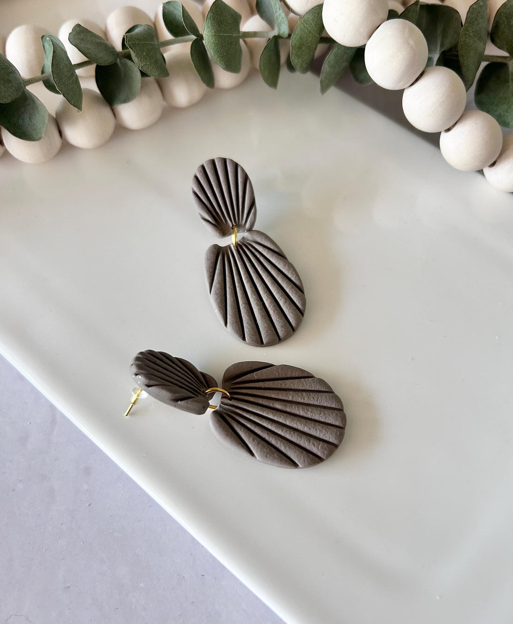 Khaki Neutral Seashell Earrings, Stud Drop Dangles, Coastal Beach Vacation Clay Jewelry, Hypoallergenic Lightweight