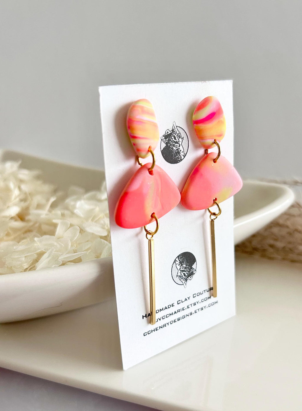 Neon Earrings, Gold Bar Dangles, Hypoallergenic Clay, Lightweight Jewelry