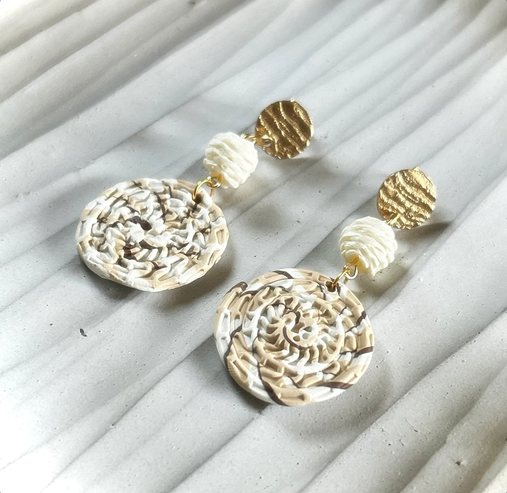 Handmade Clay Dangle Earrings, Raffia Dangles, Neutral Unique Boho Jewelry