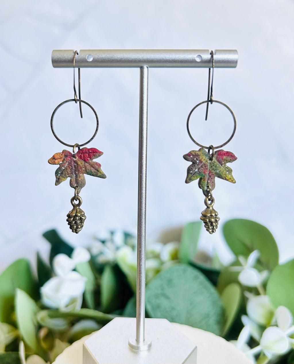 Maple Leaf Clay Earrings, Bronze and Wood Pine Cone Dangles, Handmade Multicolor Fall Jewelry