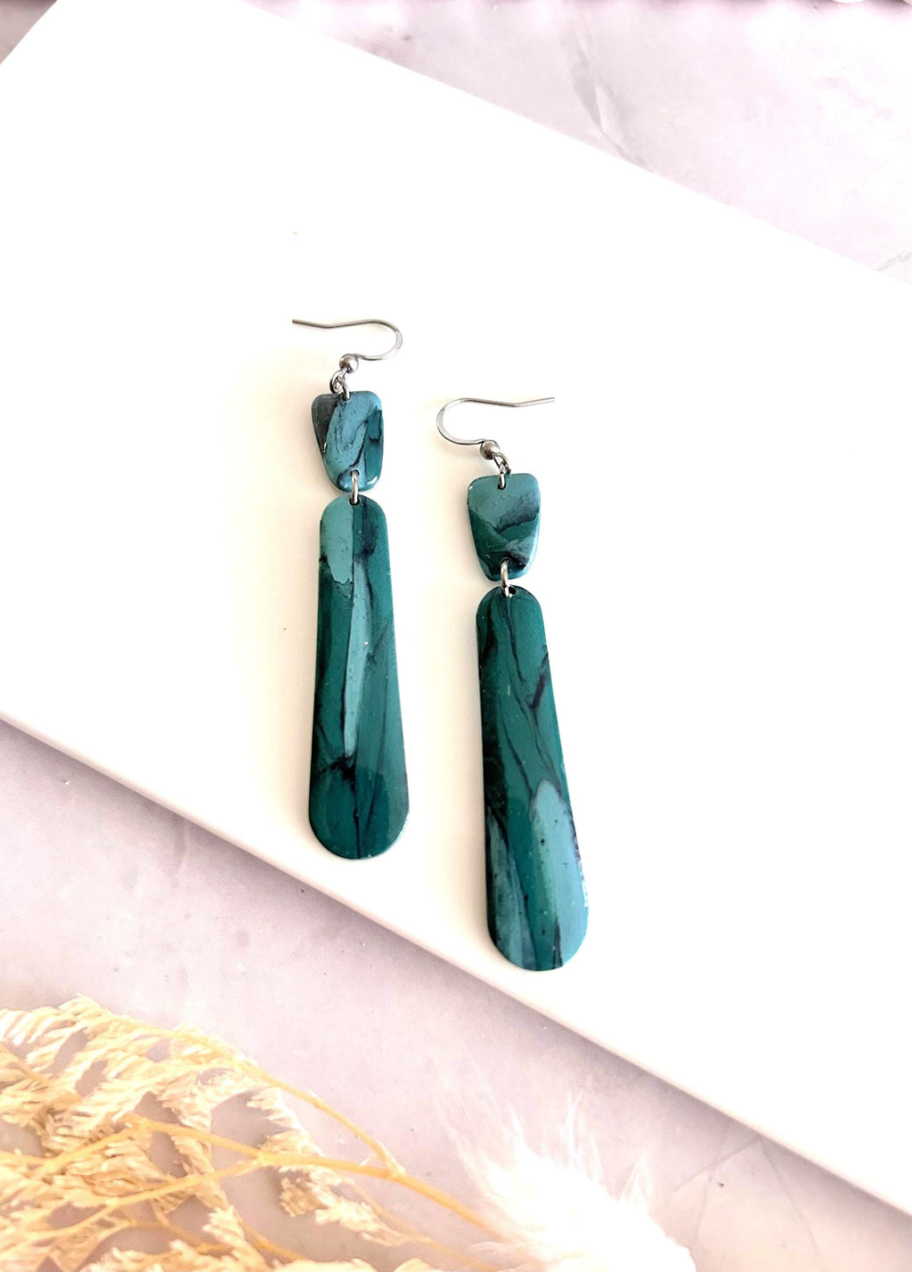 Emerald Green and Teal Blue Silver Long Dangle Earrings, Handmade Clay Coastal Jewelry