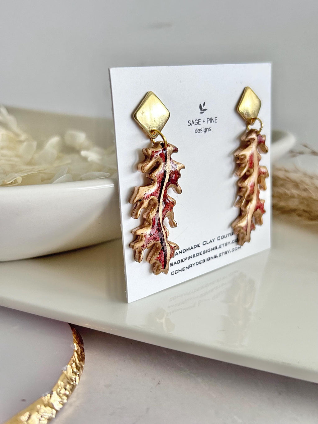 Fall Leaf Clay Earrings, Red and Gold Autumn Dangles, Boho Hypoallergenic Lightweight Jewelry