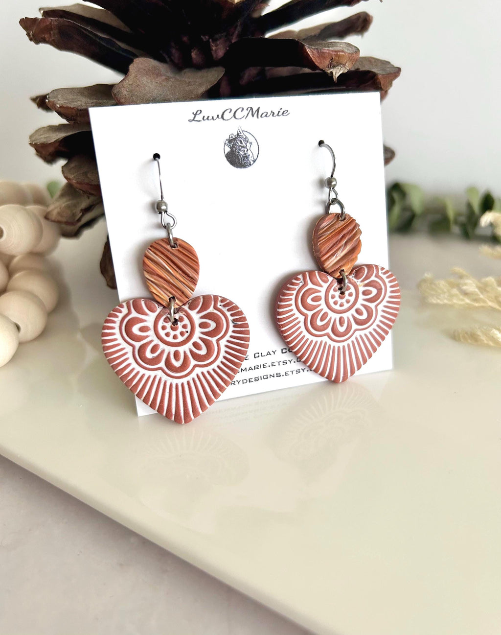 Heart Dangles, Folk Art Clay Earrings, Boho Terracotta Polymer Handmade Jewelry Gifts