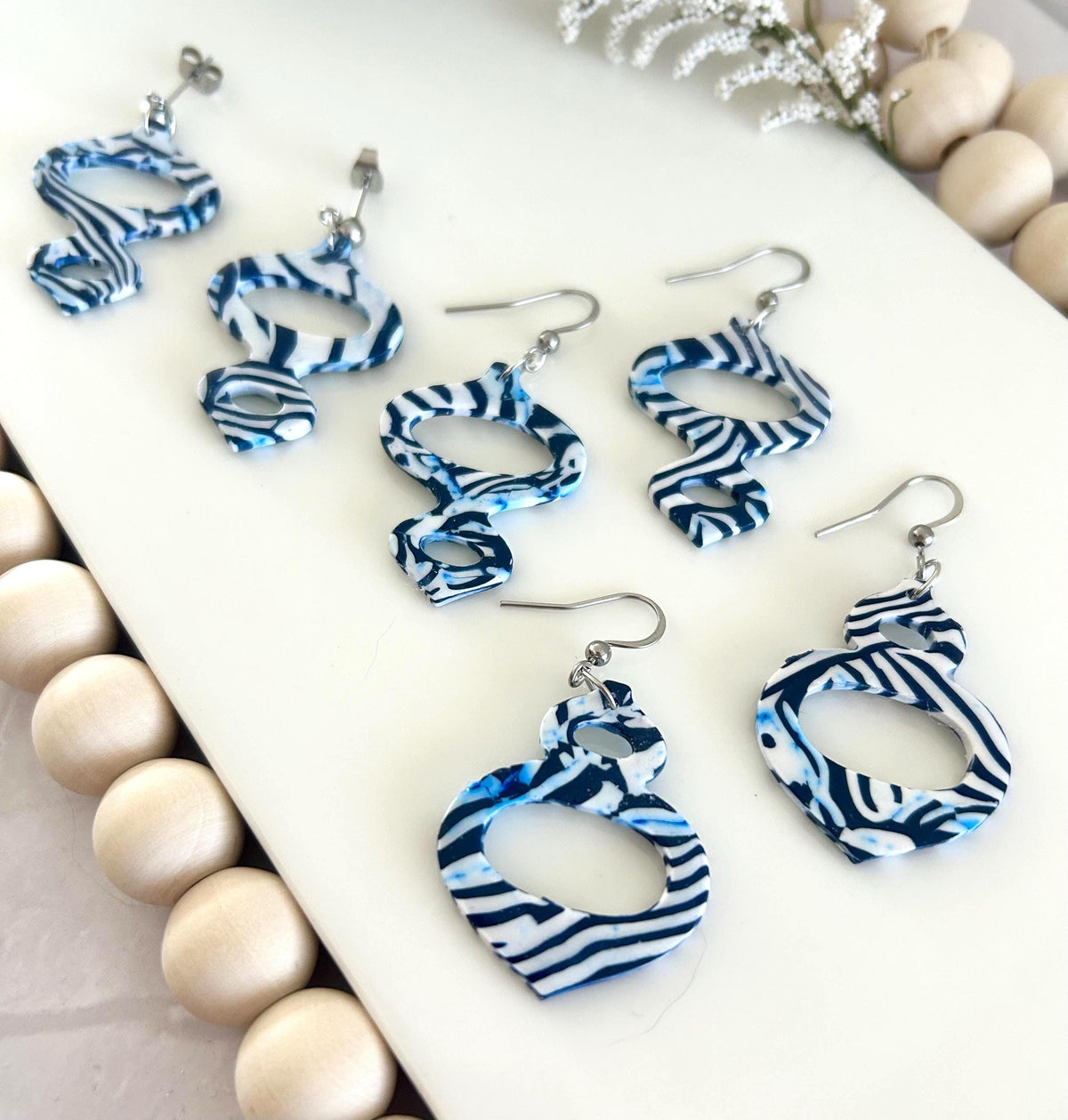 Navy and White Clay Earrings, Modern Moroccan Drop Dangles, Handmade Jewelry Gift