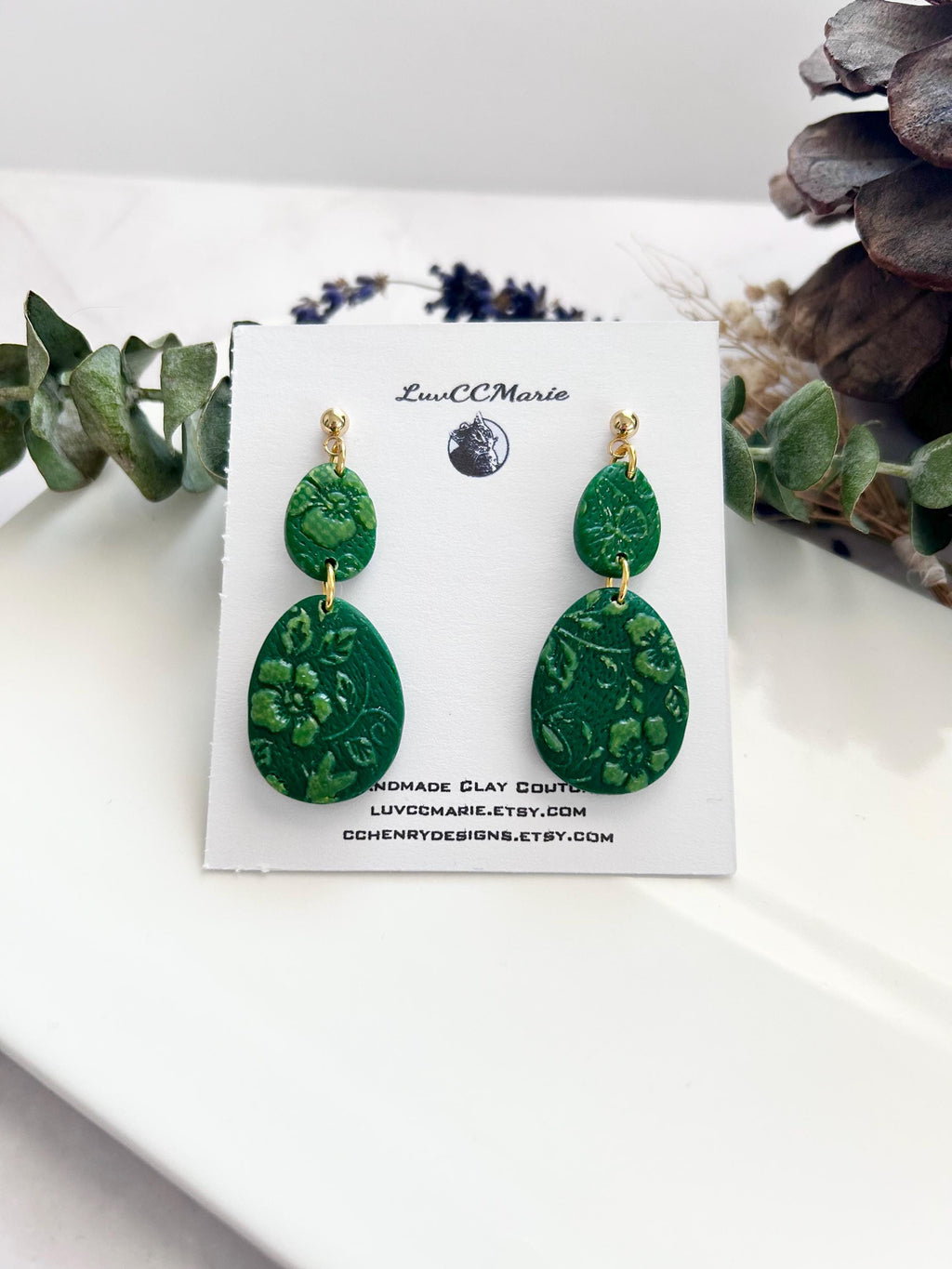 Bright Green and Sheer Cream Floral Clay Dangle Earrings, Handmade Jewelry