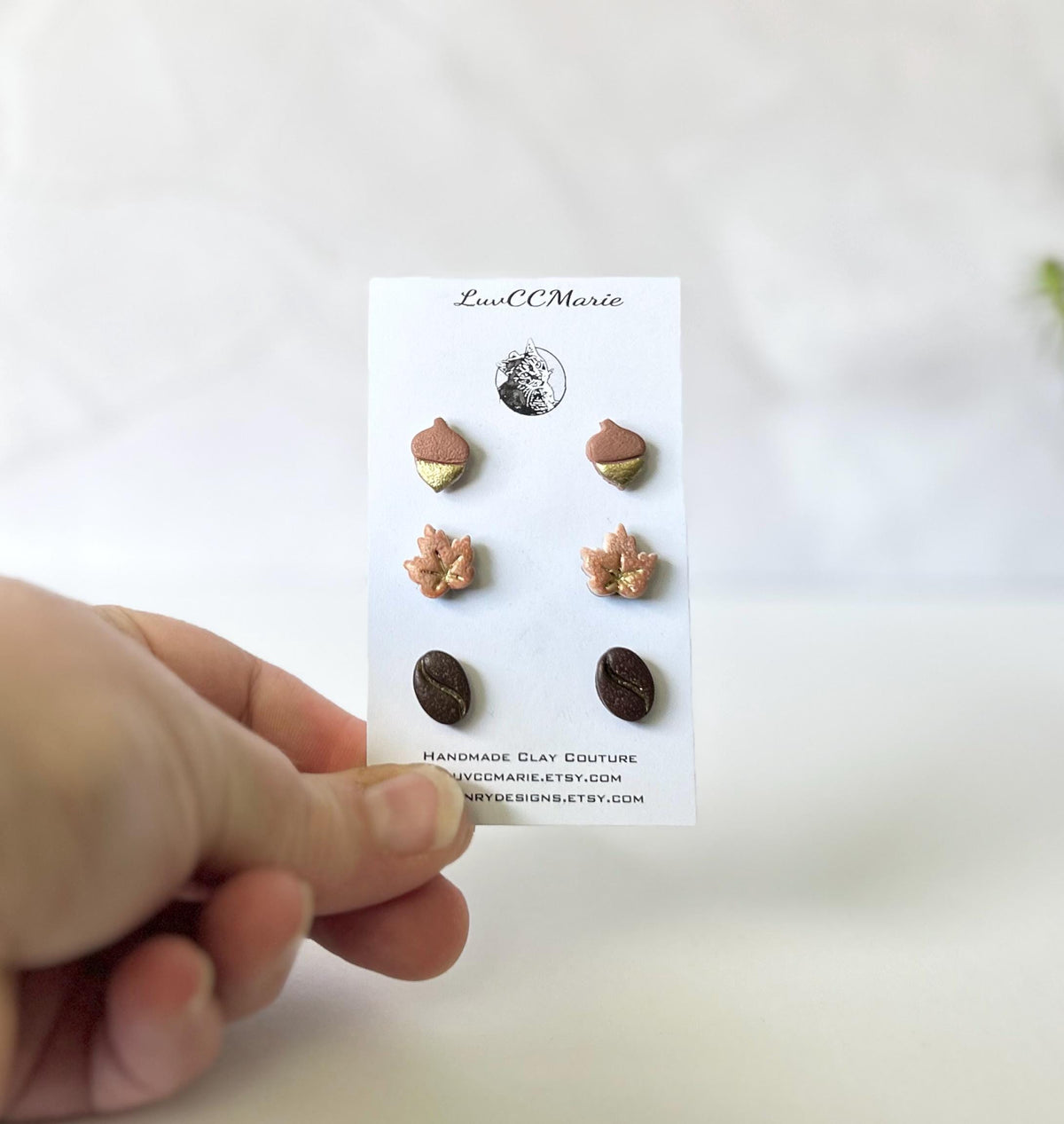 Autumn Stud Acorn Earrings, Maple Leaf Clay Post Set, Coffee Bean Jewelry, Handmade Jewelry