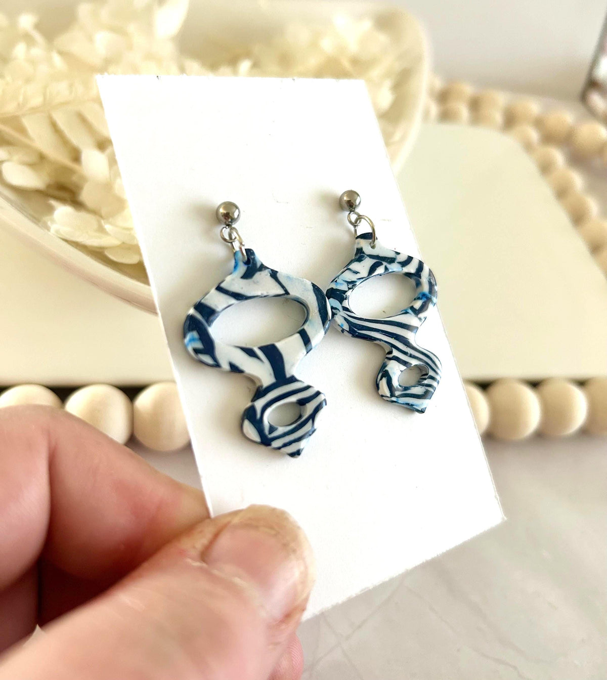 Navy and White Clay Earrings, Modern Moroccan Drop Dangles, Handmade Jewelry Gift