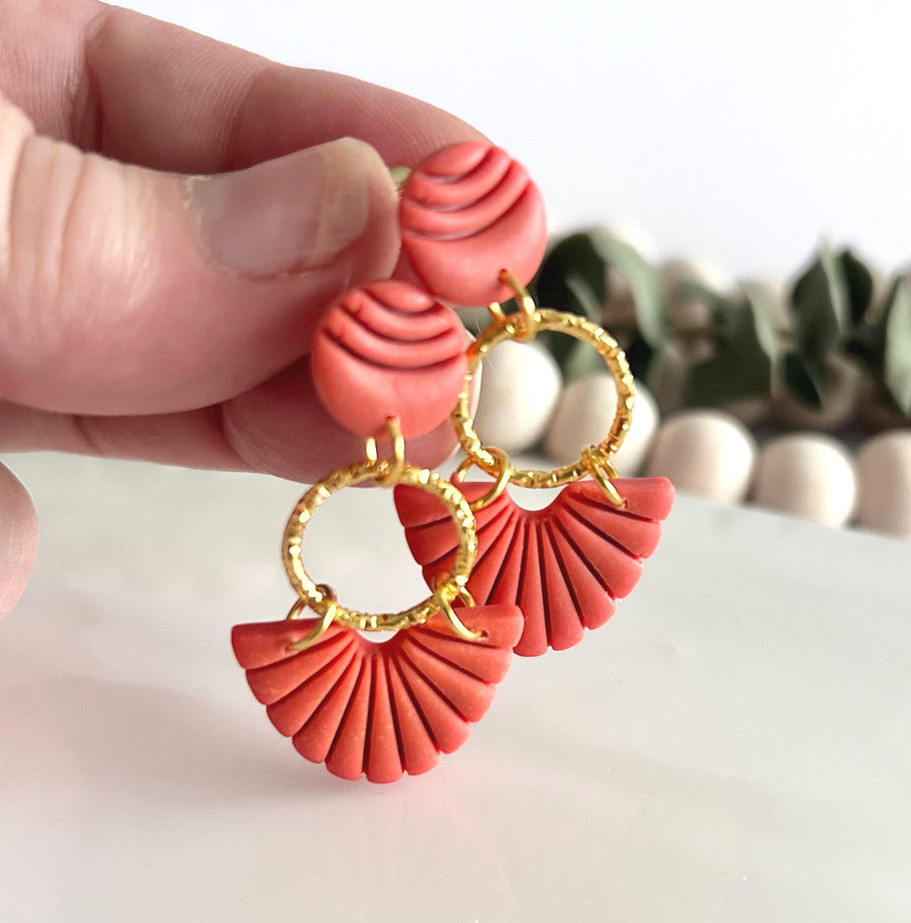 Handmade Coral Clay Dangle Earrings, Gold Hoop, Greek Style Vacation Gift For Women
