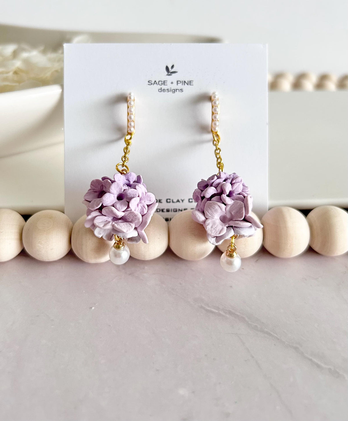 Hydrangea Earrings, Flower Cluster Clay Dangles, Pearl Chain Pastel Floral Drop Unique Wedding Jewelry
