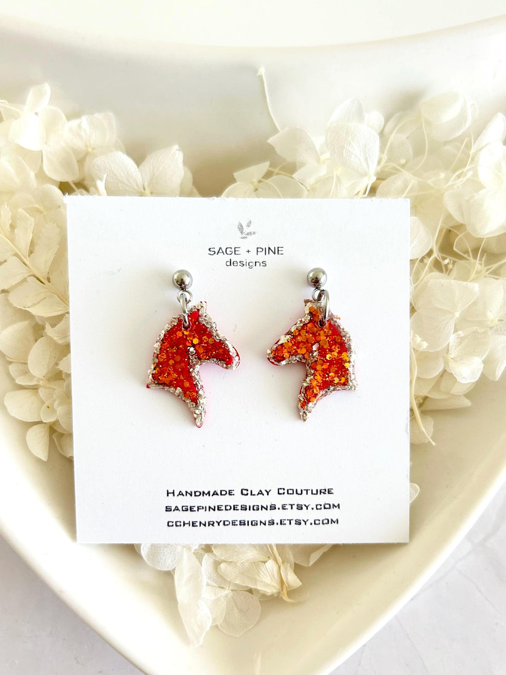 Fire Horse Earrings, Red and Silver Sparkly Dangles, Handmade Fashion Clay Jewelry