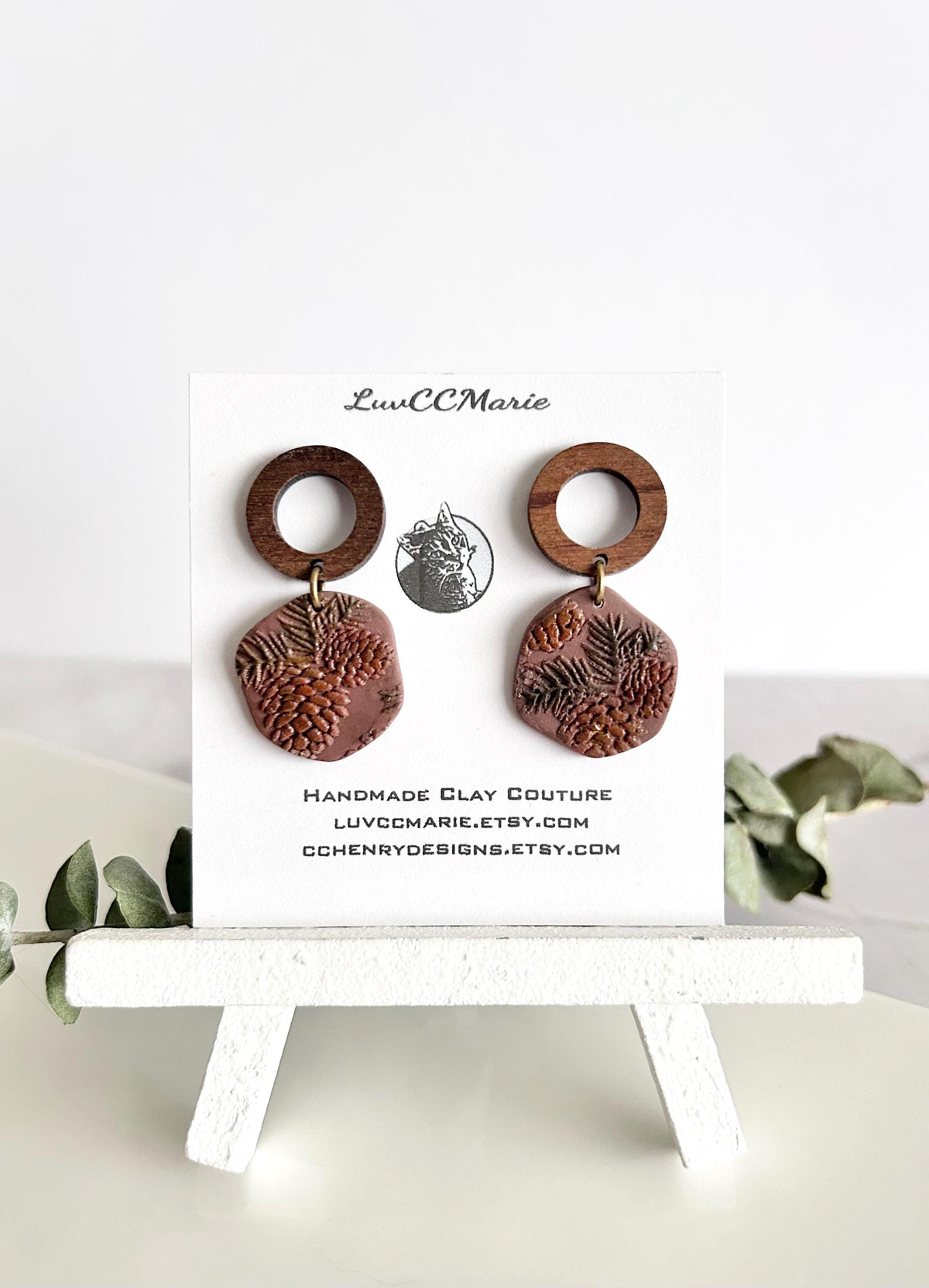 Pine Bough Clay and Wood Dangle Earrings, Fall Pinecone Walnut Stud Boho Jewelry