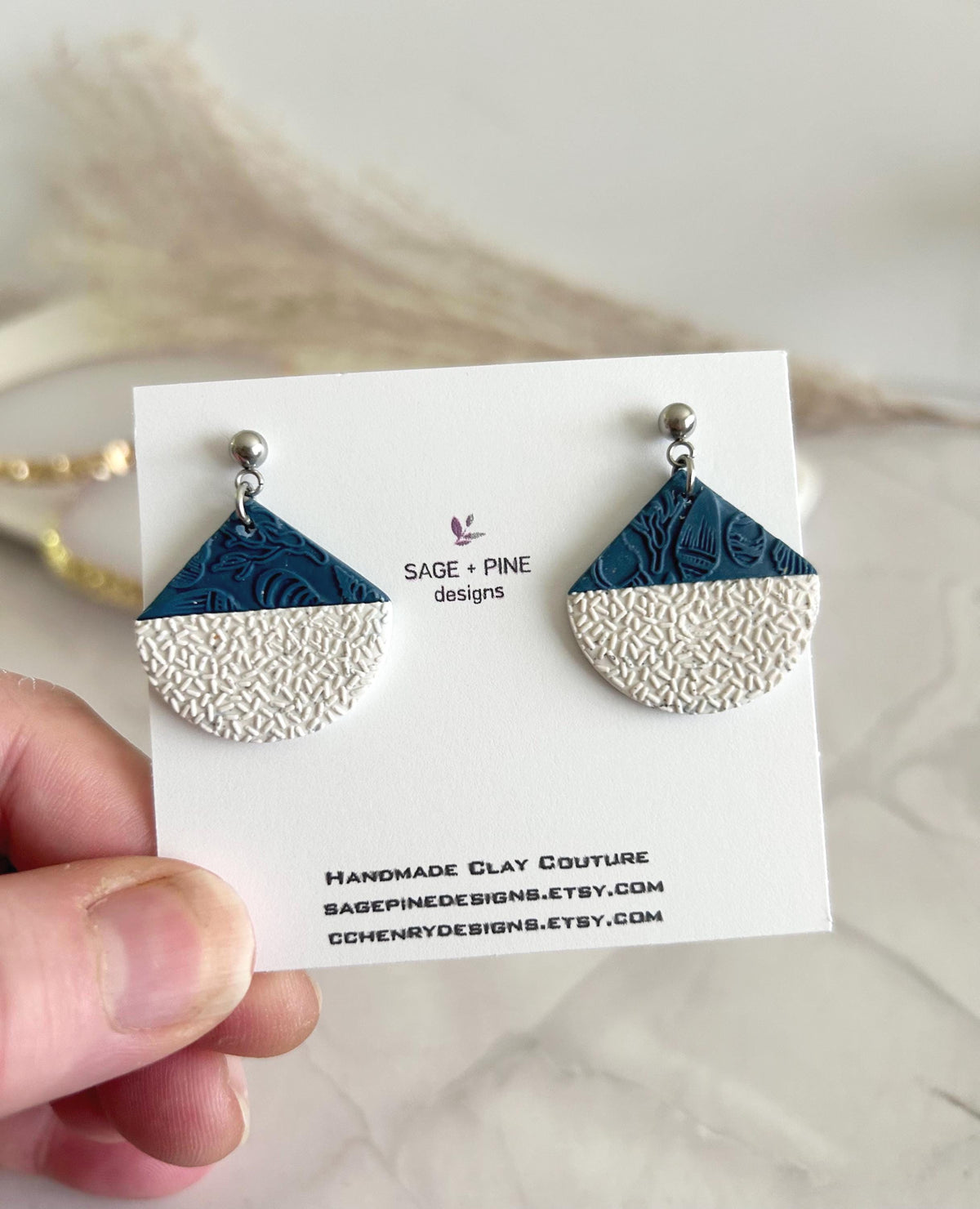 Creamy White and Teal Blue Abstract Fan Dangle Earrings, Handmade Clay Coastal Jewelry