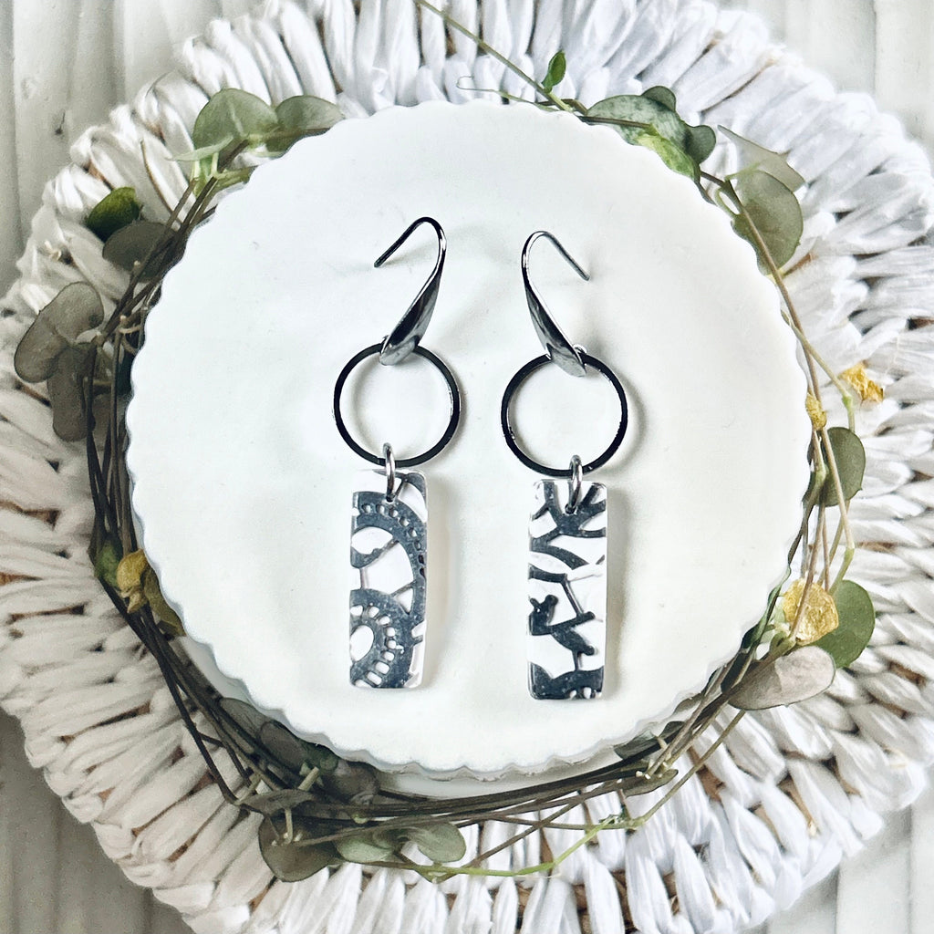Handmade Boho Floral Lace Clay Earrings: Stainless Steel Dangles