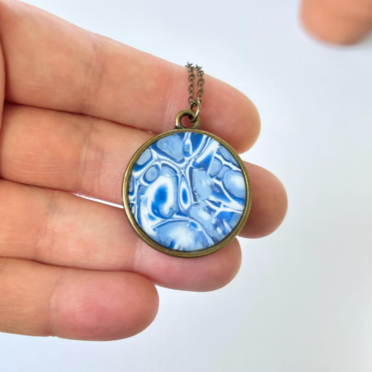 Marbled Mokume Clay Pendant Necklace: Navy Blue Boho Jewelry
