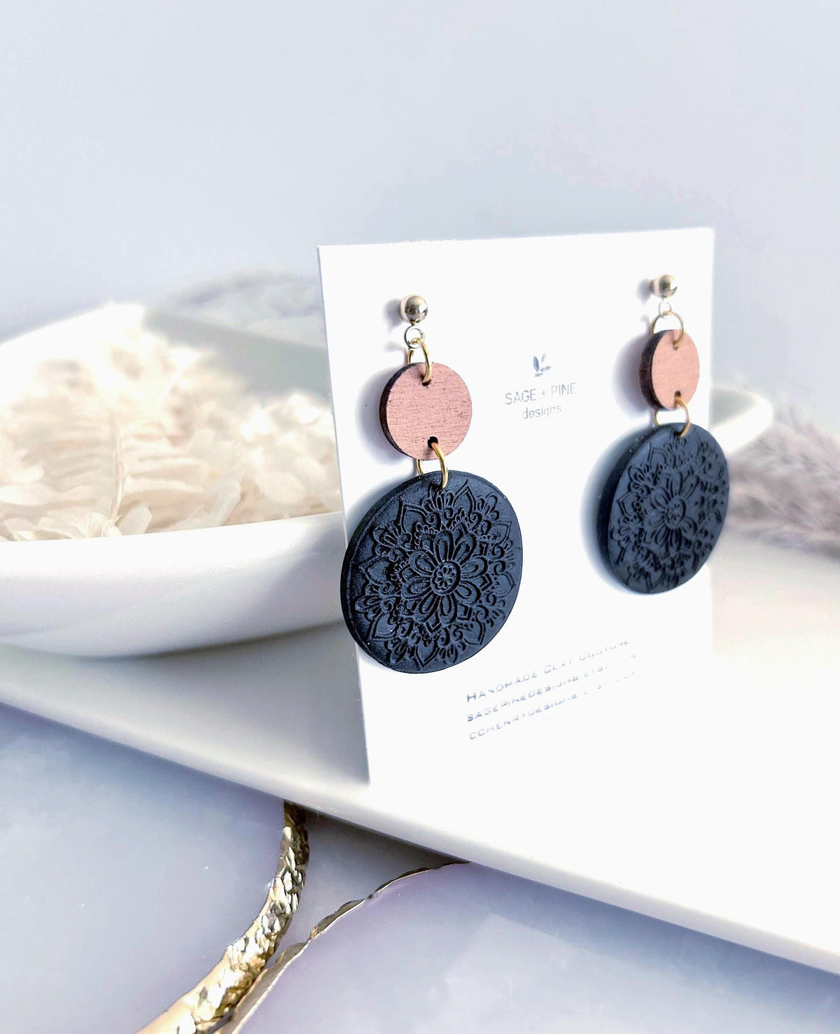 Matte Black Mandala Dangle Clay Earrings, Lightweight Wood Hypoallergenic Dangles, Modern Minimalist