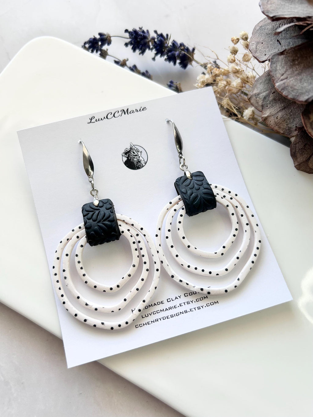 Black and White Polka Dot Hoop Earrings, Handmade Clay Dangles, Stainless Steel, Contemporary Statement