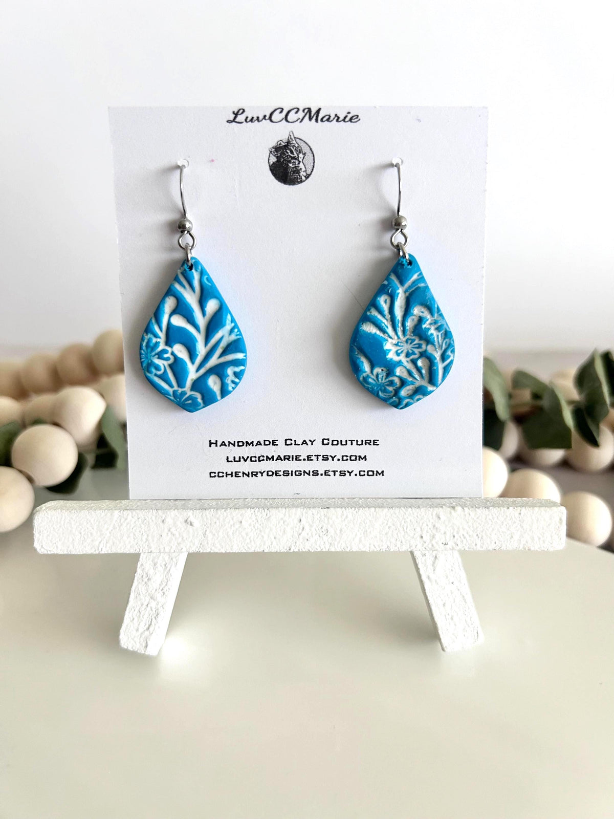Teal Blue & White Dangle Earrings, Tile Clay Earrings, Boho Floral Dangles, Handmade Lightweight Jewelry